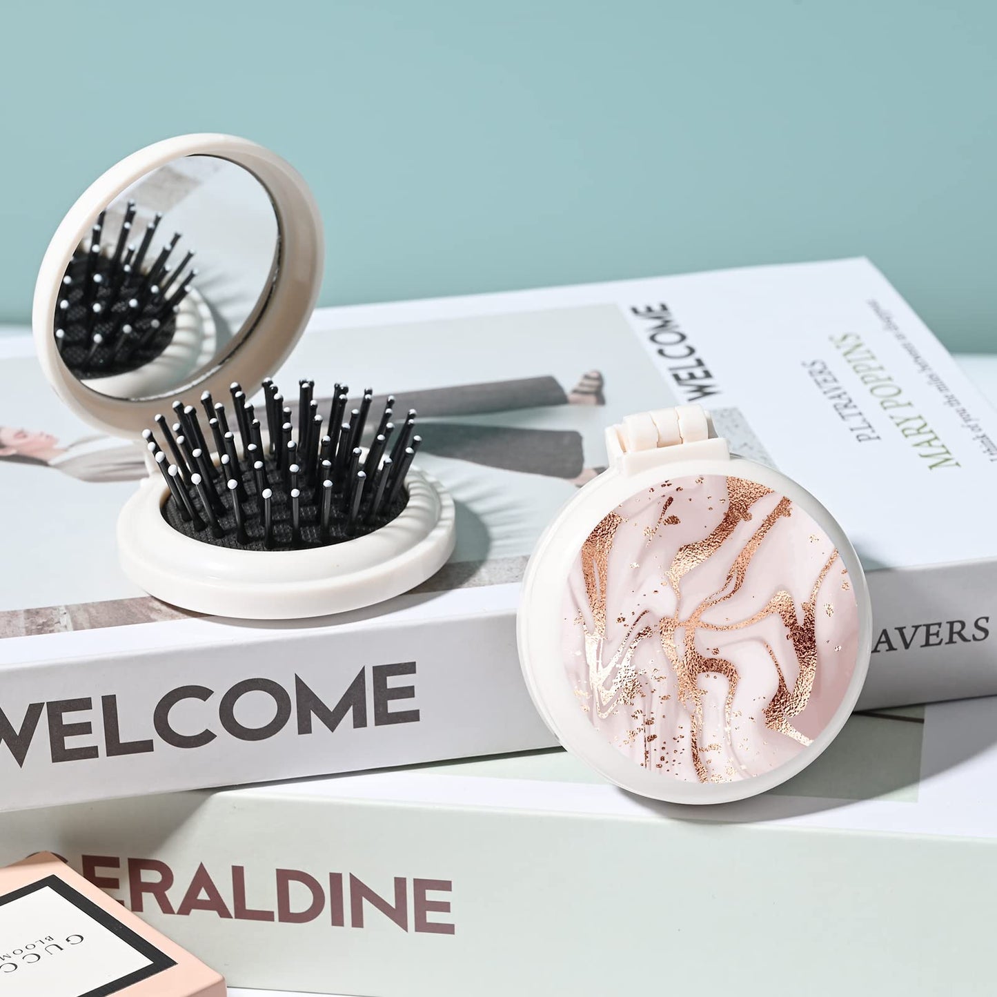 Mini hairbrush, pocket hairbrush with mirror, portable for purse/pocket, travel size (2 Piece Marble 1)