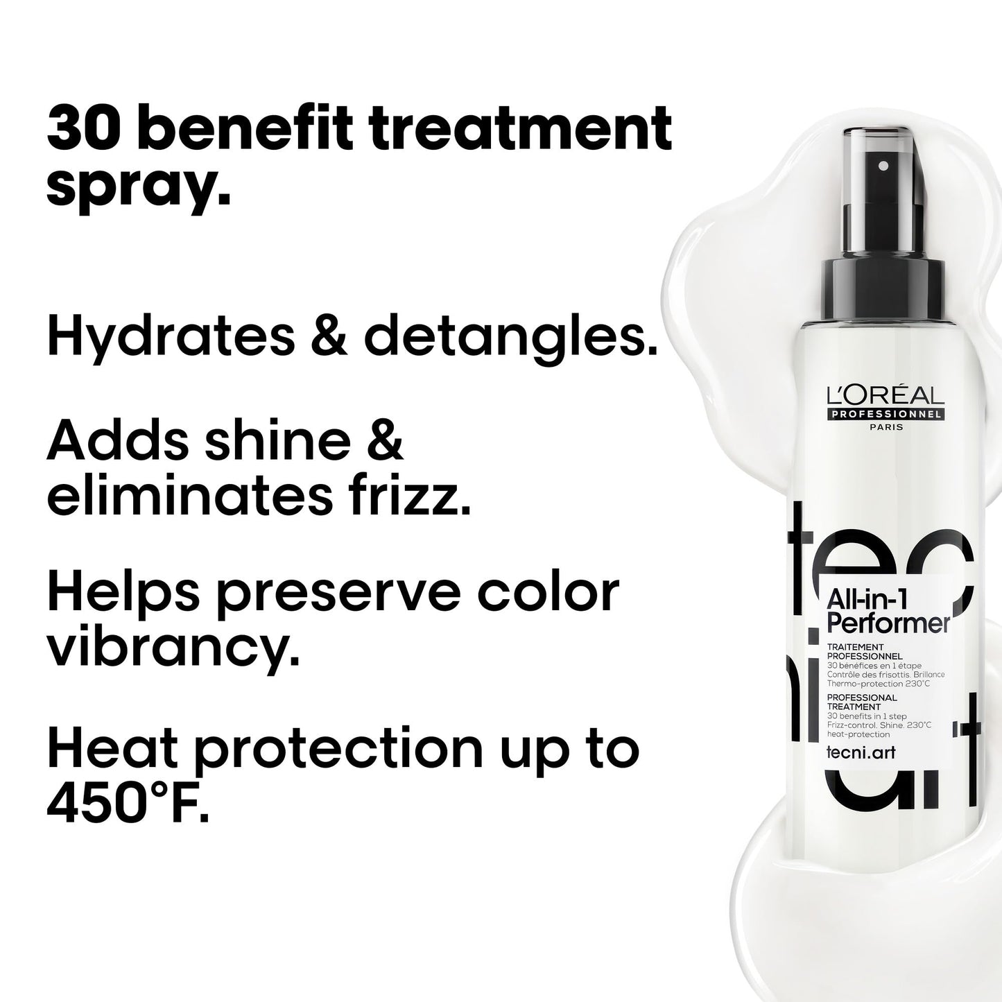L'Oréal Professionnel Tecni.art All-in-1 Performer Styling Treatment Spray – 30 Benefits in 1, Leave-In, Heat Protection up to 450°F, Anti-Frizz, Shine, Conditioning & Detangling