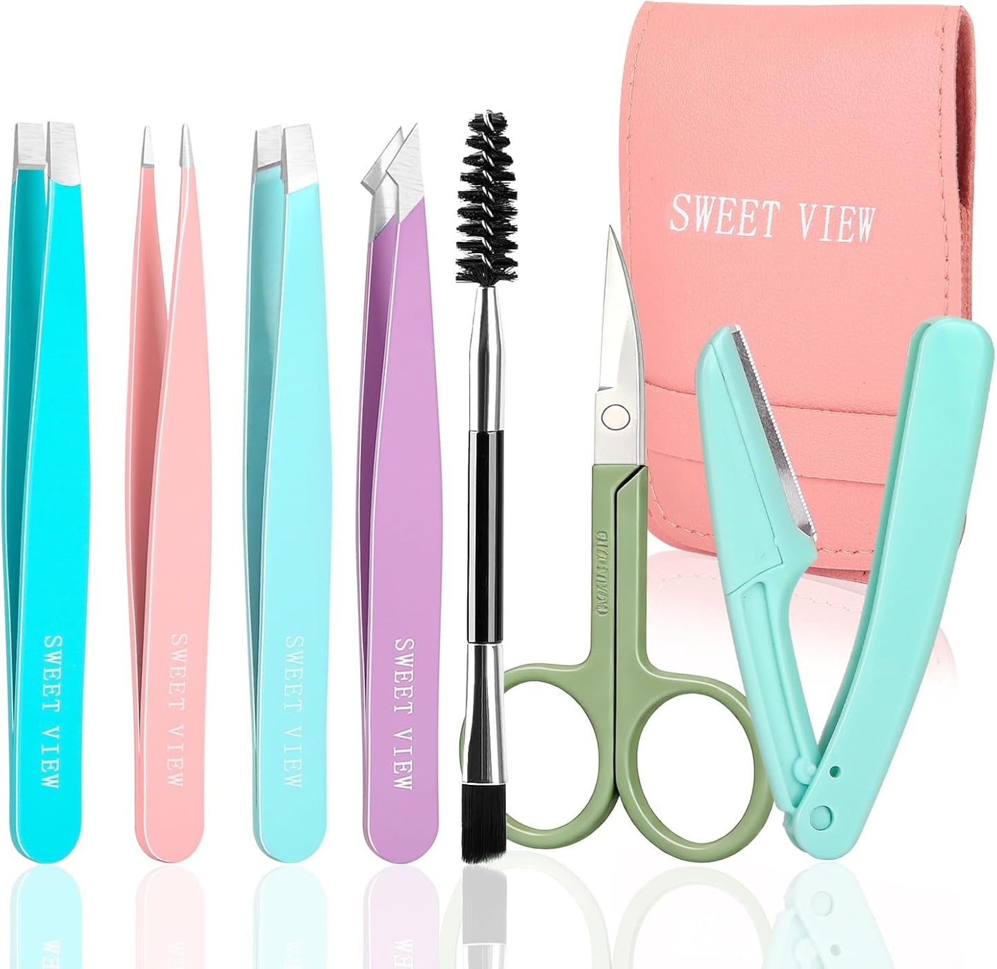 7-Piece Eyebrow Tweezers Kit - Precision Plucker Set with Scissors, Razor & Spoolie for Facial Hair Removal | Ideal for Brows, Chin & Ingrown Hair