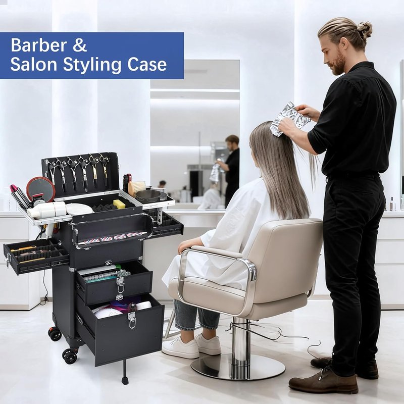 Salon Cart with 4 Drawers - Portable Rolling Hair Stylist Station | Makeup Train Case with Worktop Tray