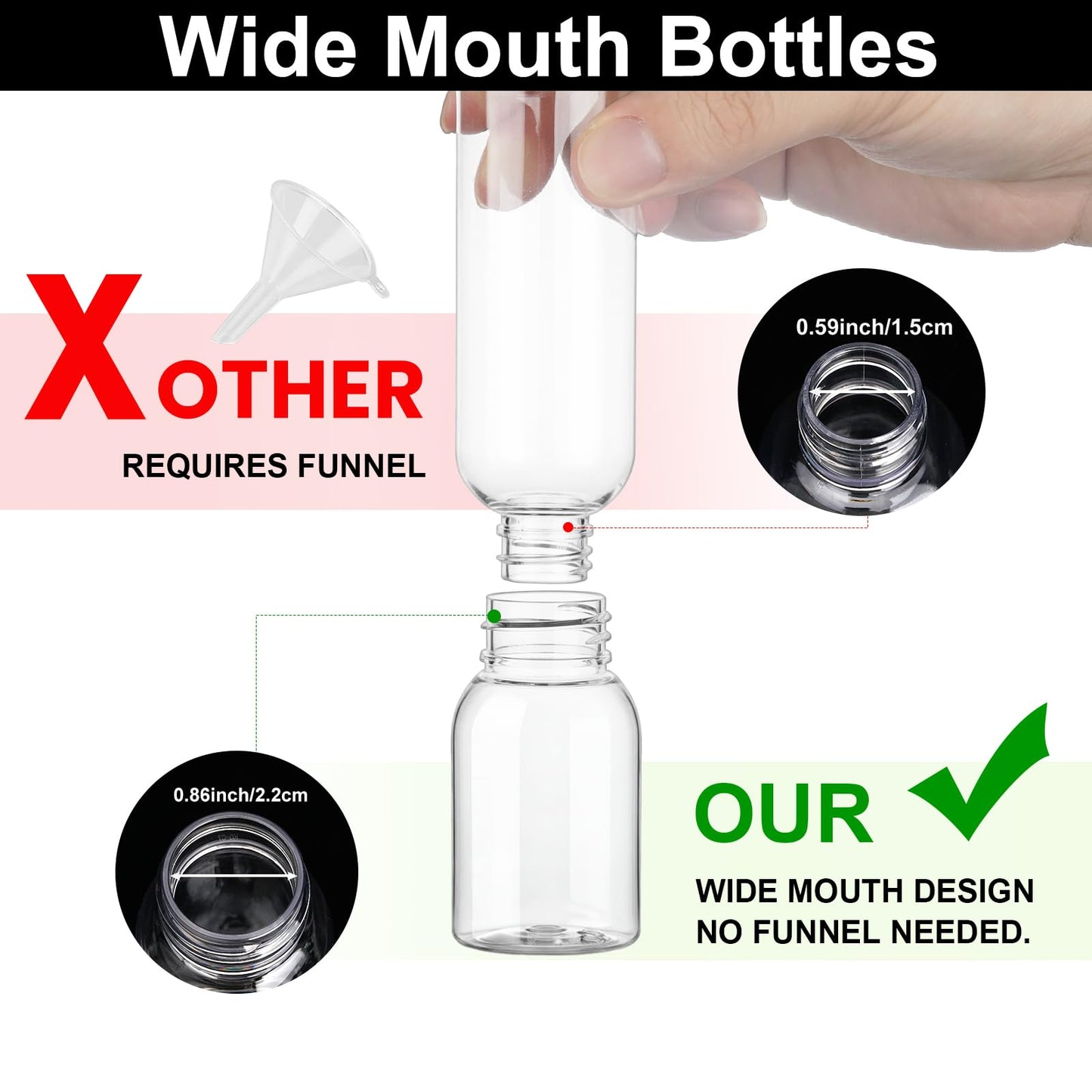 Decorniqu Travel Bottles for Toiletries 6 Pack 2.2oz/65ml Leak Proof Travel Size Toiletries Wide Mouth Containers TSA Approved Squeeze Bottles with Flip Cap for Shampoo Conditioner Body Wash(Clear)
