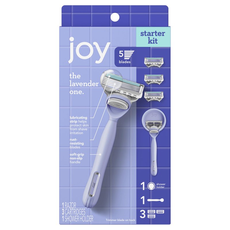 joy lavender razor for women, shave kit with 1 handle + 3 razor blade refills, includes shower holder