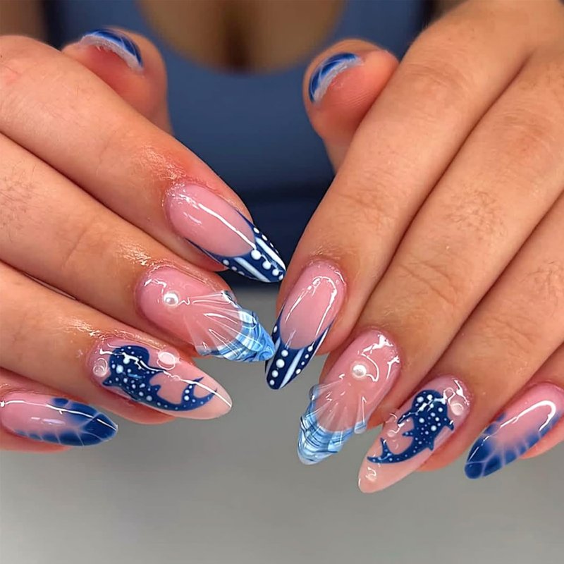 3D Ocean Shark Press-On Nails - Blue French Tip with Polka Dots | Almond Shape, 30 Pcs for Parties & Vacations