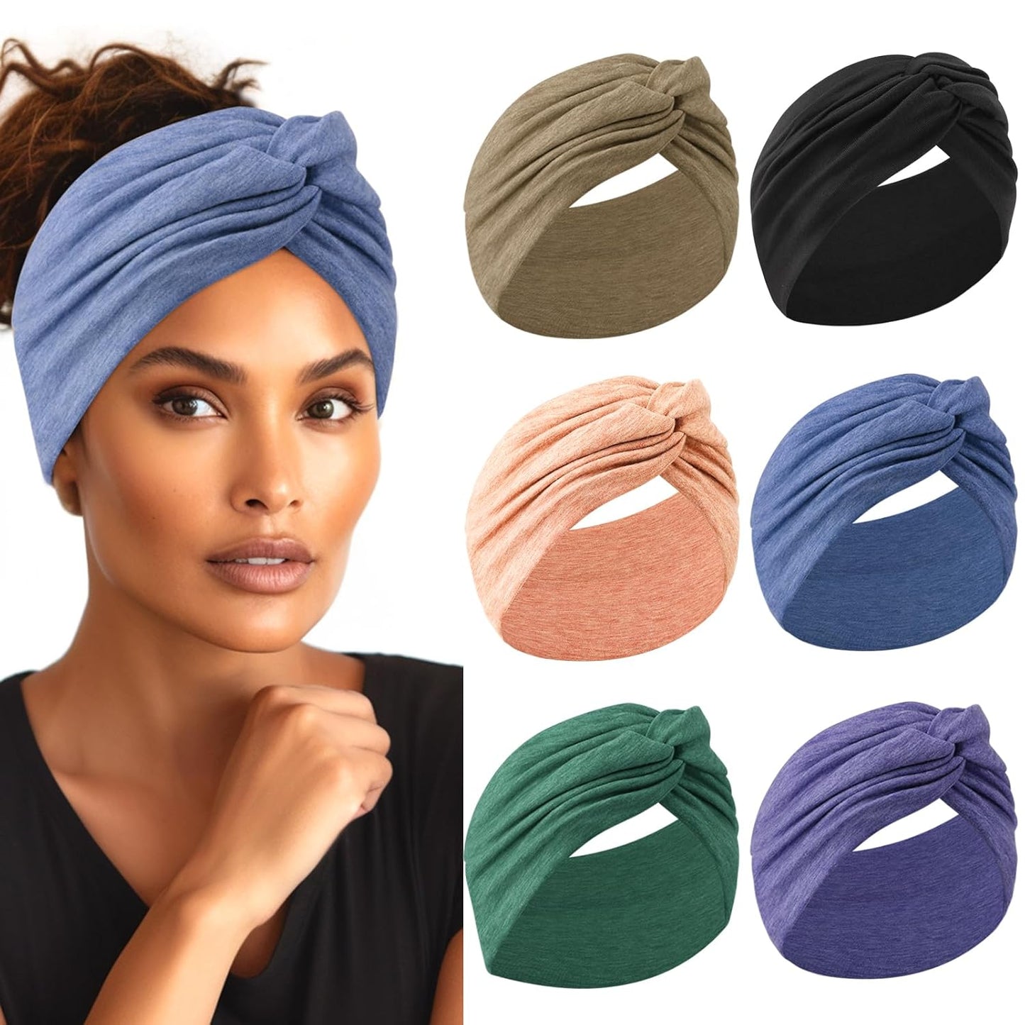 Extra Wide Headbands for Women - 7" Large Cotton Turban Knotted Bandana | 3Pcs White & 3Pcs Black