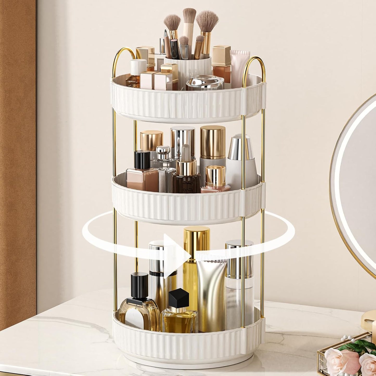 360° Rotating Makeup Organizer - Upgraded 3-Tier Skincare & Perfume Storage | Clear Dresser Organizer with Brush Holder (Amber)