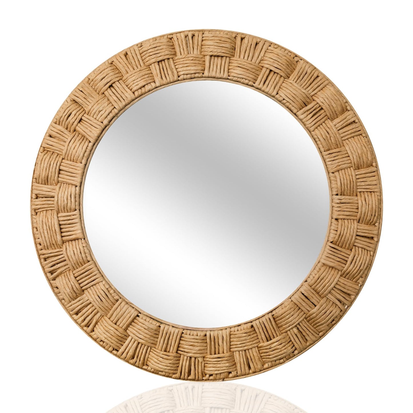 Sabary 30 Inch Rattan Wall Mirror Round Rope Boho Mirror Wicker Chequered Handwoven Natural Rustic Beachy Coastal Decorative for Bathroom, Bedroom, Living Room, Entryway