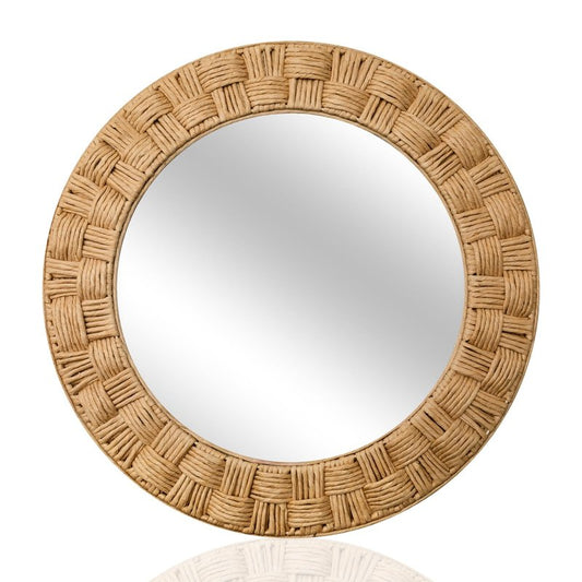 Sabary 30 Inch Rattan Wall Mirror Round Rope Boho Mirror Wicker Chequered Handwoven Natural Rustic Beachy Coastal Decorative for Bathroom, Bedroom, Living Room, Entryway