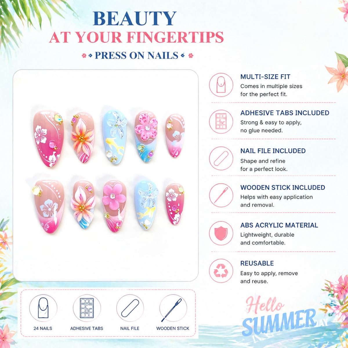 Press On Nails - 30Pcs Medium Almond French Tip with Cute Flower & 3D Pearl Designs | Reusable Pink Blue Acrylic