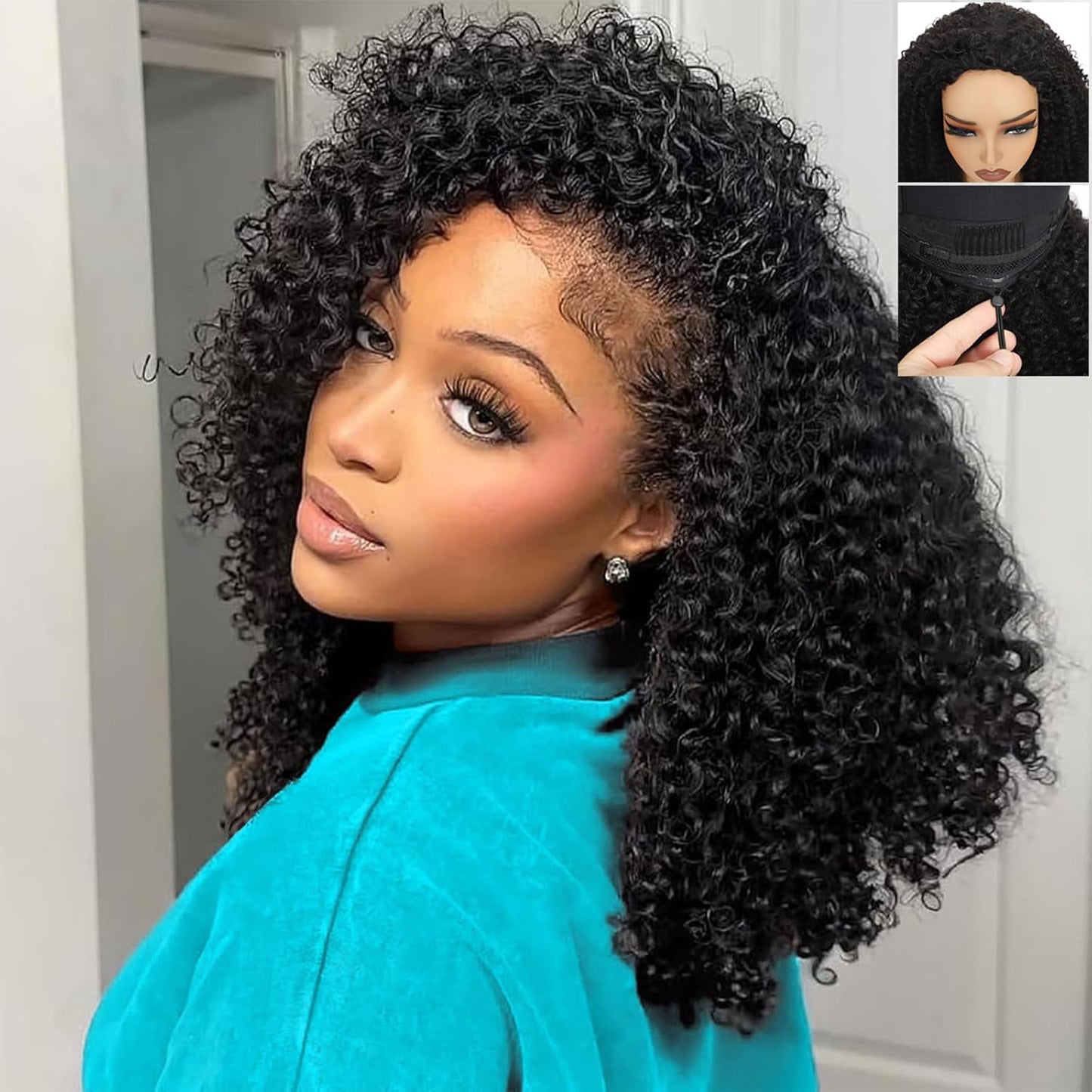 Kinky Curly Half Wig - 18 Inch 200 Density Human Hair Blend | Glueless Headband Wig in Natural Black for Easy Styling