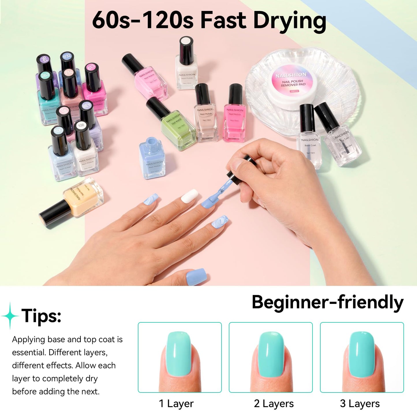 Nailshion 16 Colors Macaroon Nail Polish Set, Nude Pink Palette Nail Lacquer with Base Top Coat & Remover Pads, Quick Air Dry Non-Gel, French Nails Fingernail Toenail Nail Art Design Kit