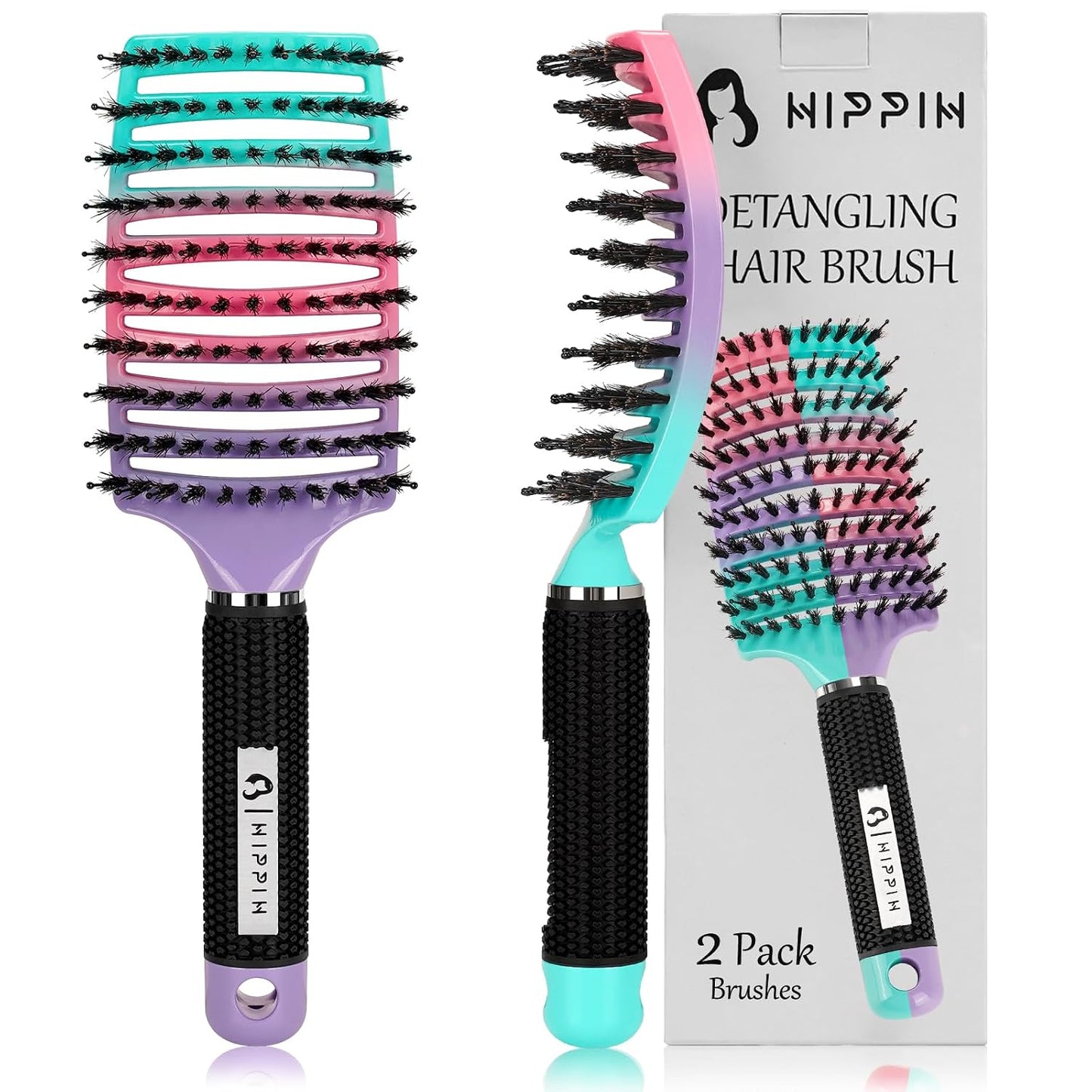 Boar Bristle Hair Brush Set - Curved Vented Detangler for Kids & Men | Adds Shine to Thick Curly Hair
