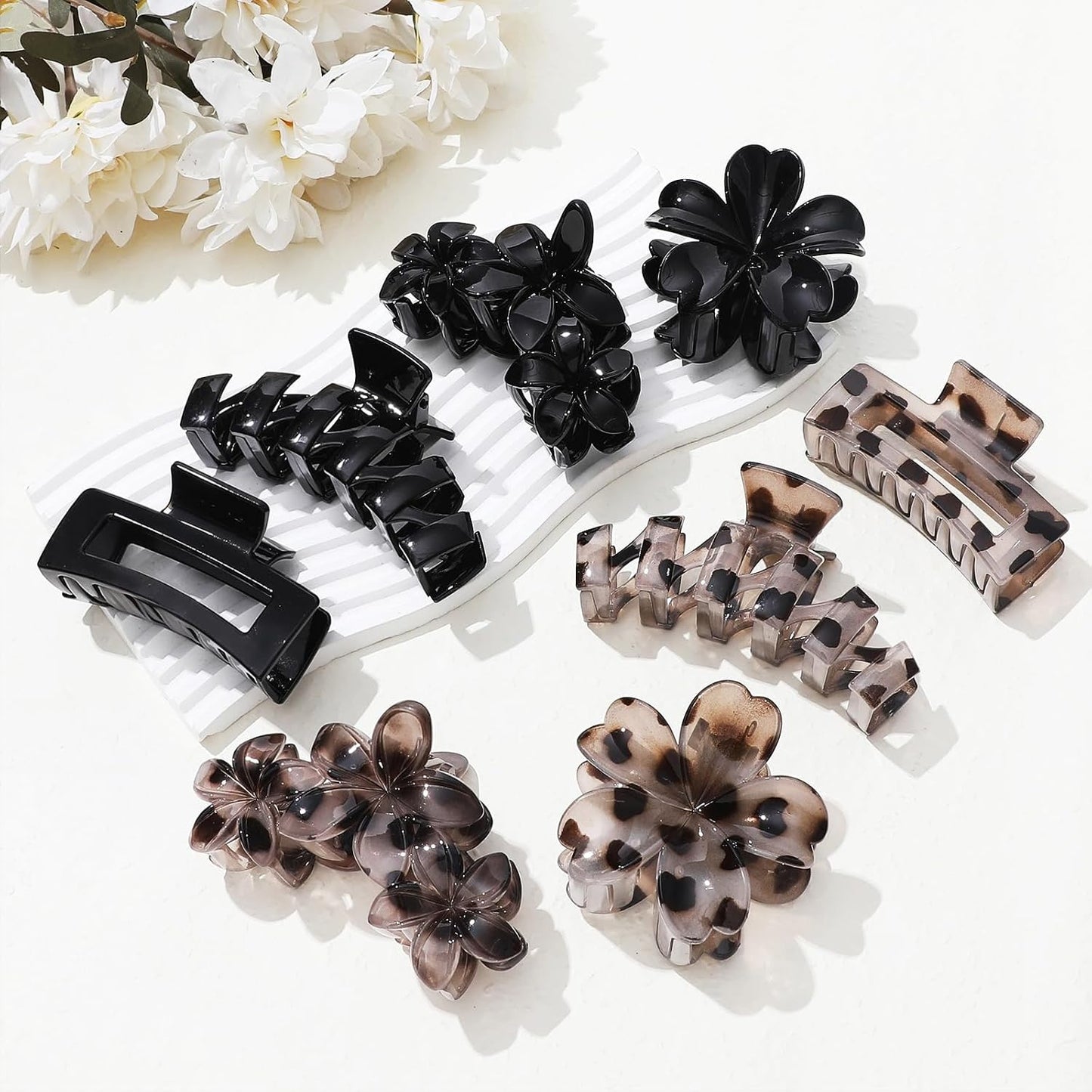 Hair Clips for Women - 8 Pcs Stylish Flower Claw Clips for Strong Hold | Black & White Tortoise