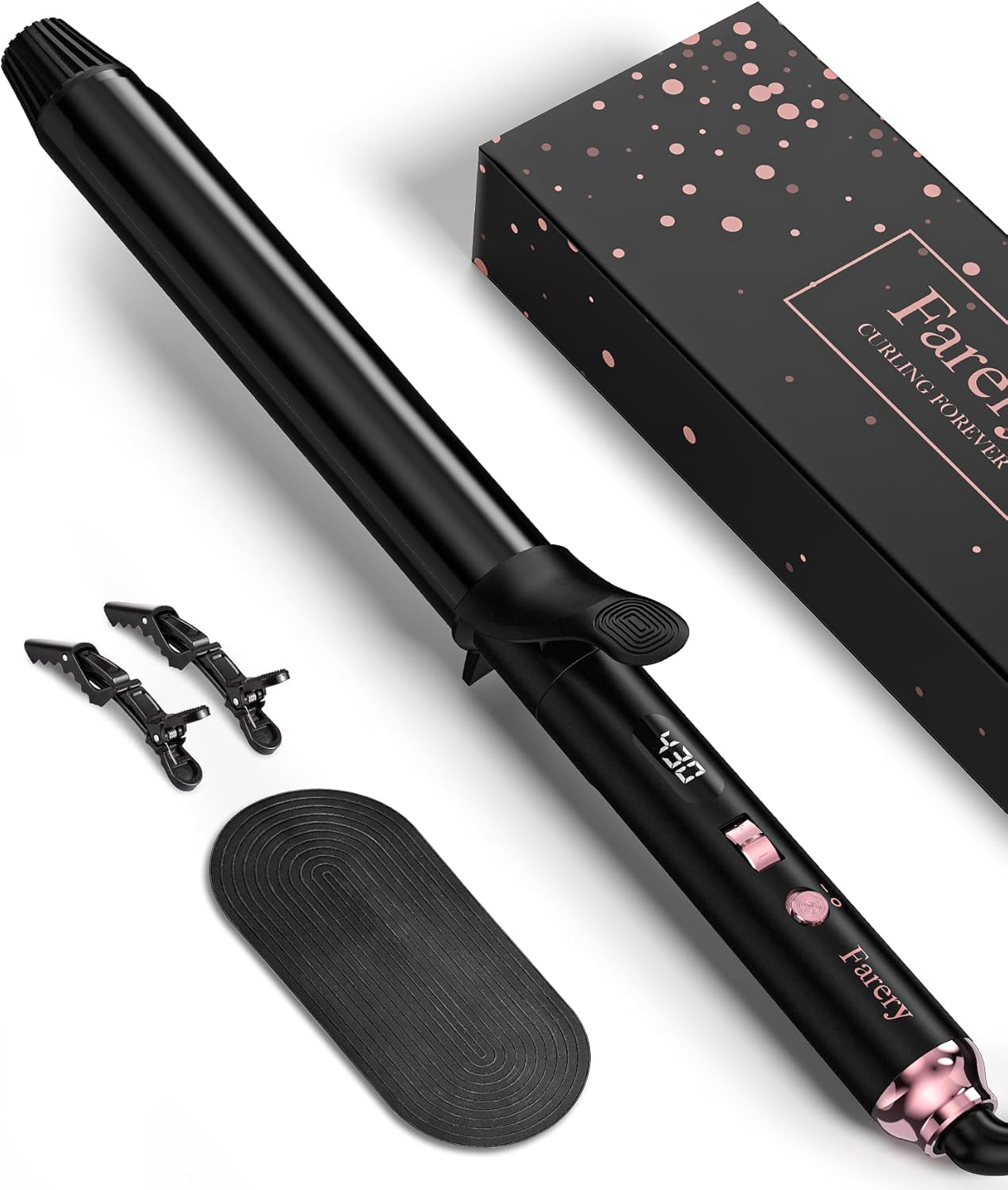 Farery Long Barrel Curling Iron - 1.25 Inch for Long Hair, Argan Oil Infused, 11 Adjustable Temps | Includes Clips & Silicone Pad
