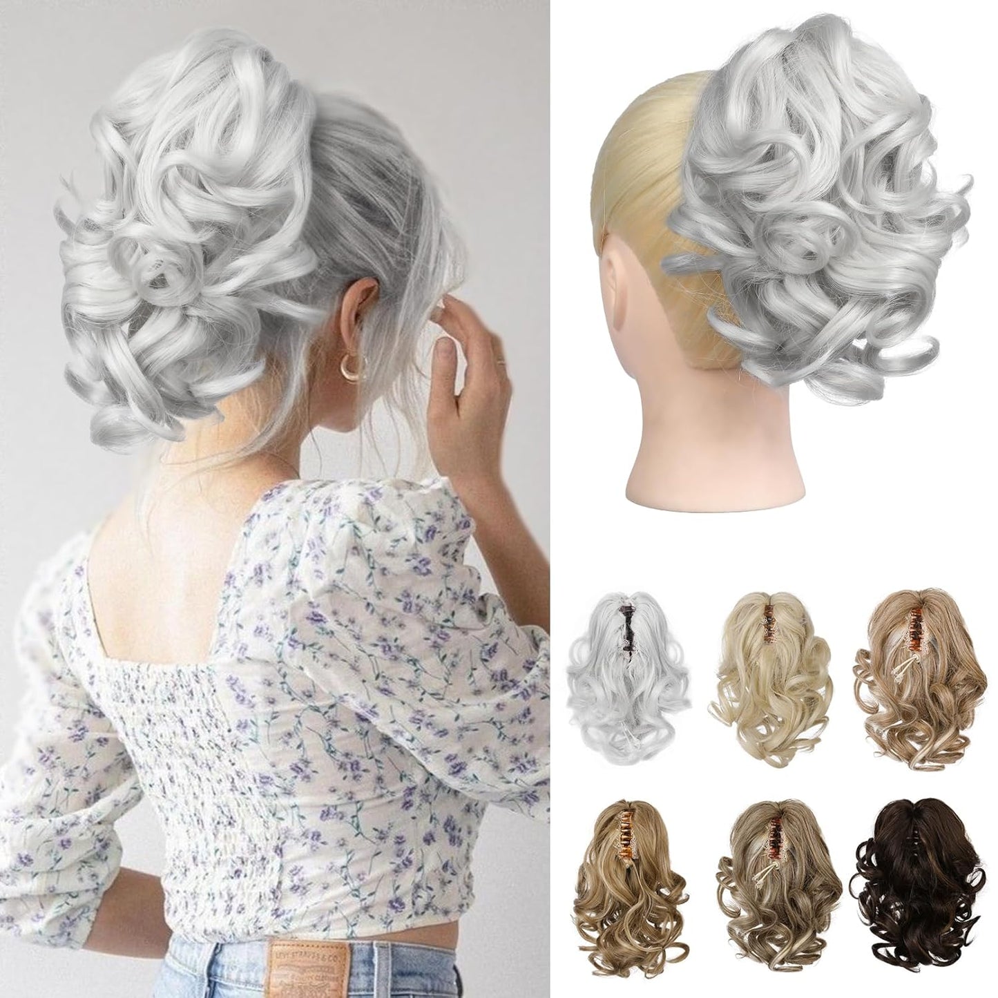 Ponytail Extension - 9" Short Curly Wavy Claw Clip Hairpiece | Chocolate Brown with Highlights