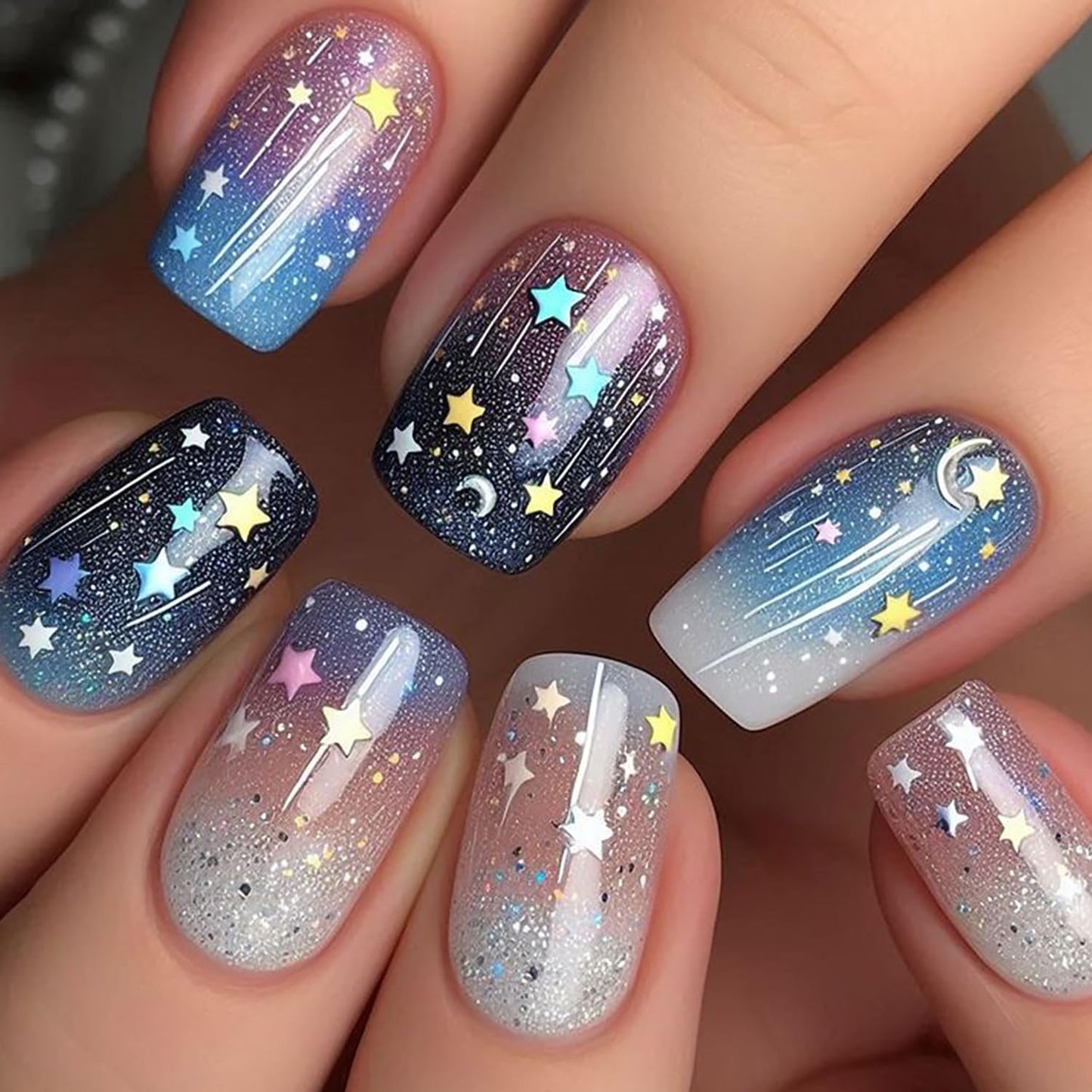 Butterfly Press-On Nails - Medium Length Rainbow Stripe Design | Colorful Square Acrylic Coffin Nails, 24 Pcs