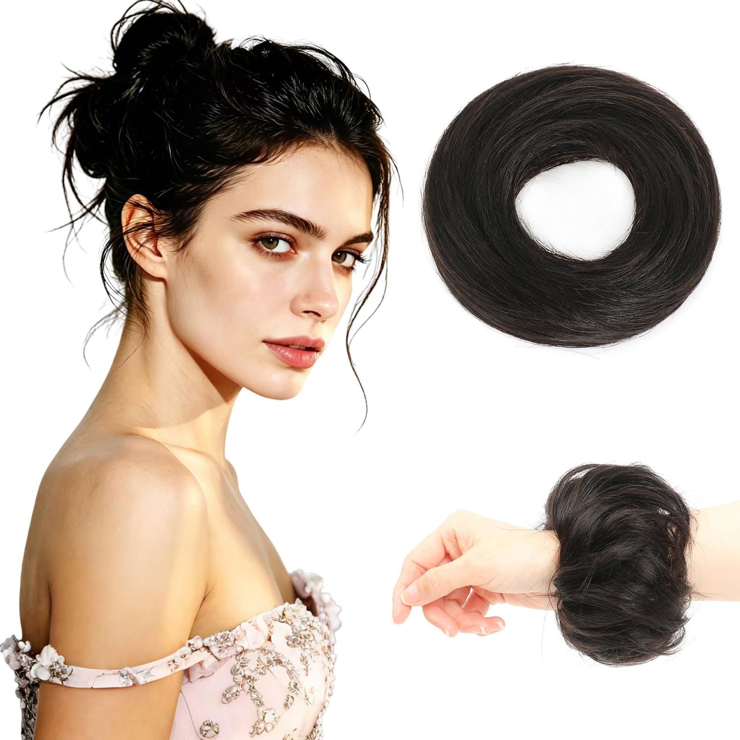 Messy Bun Hair Piece - 100% Human Hair Fluffy Donut Updo Extensions | 2Pcs Natural Black