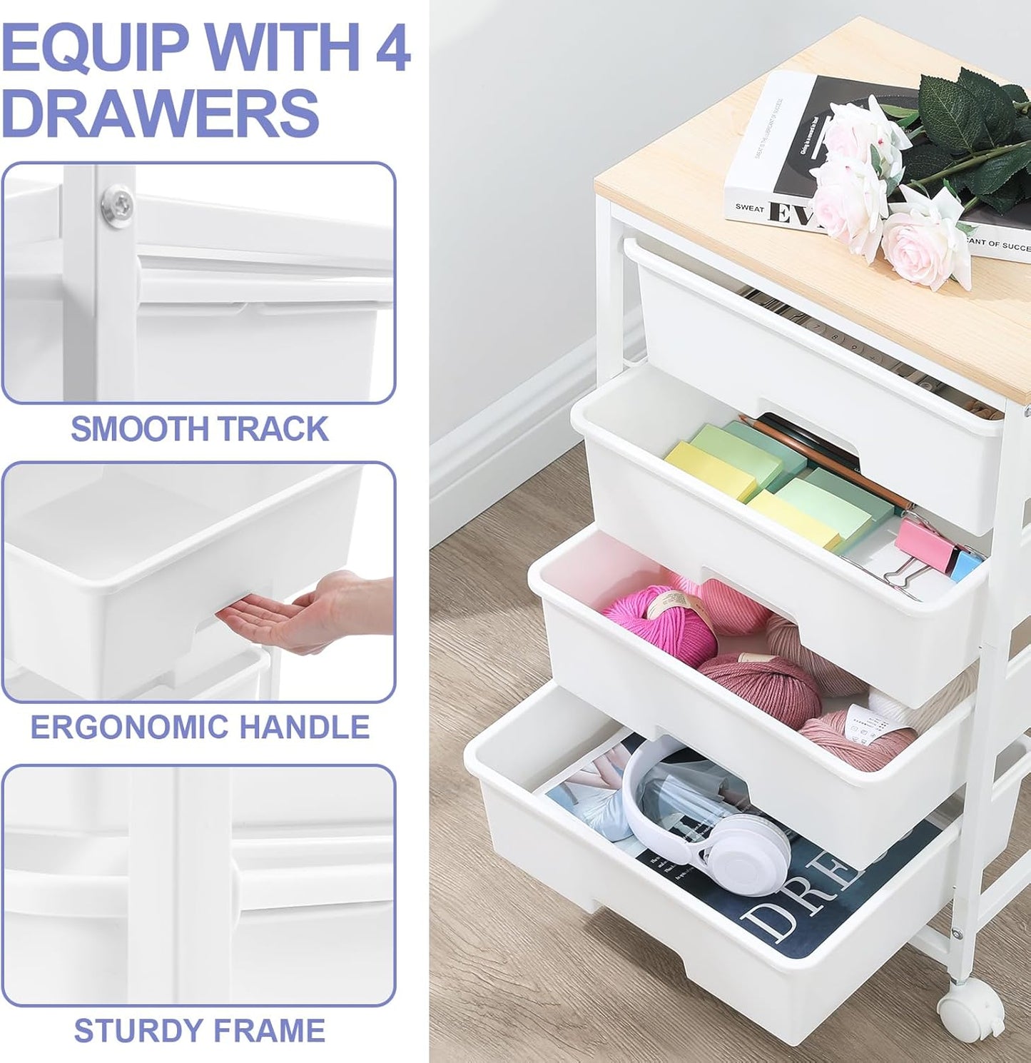 Utility Cart - 4-Tier Rolling Storage Organizer with 4 Drawers & Lockable Wheels | Bright White for Home & Office