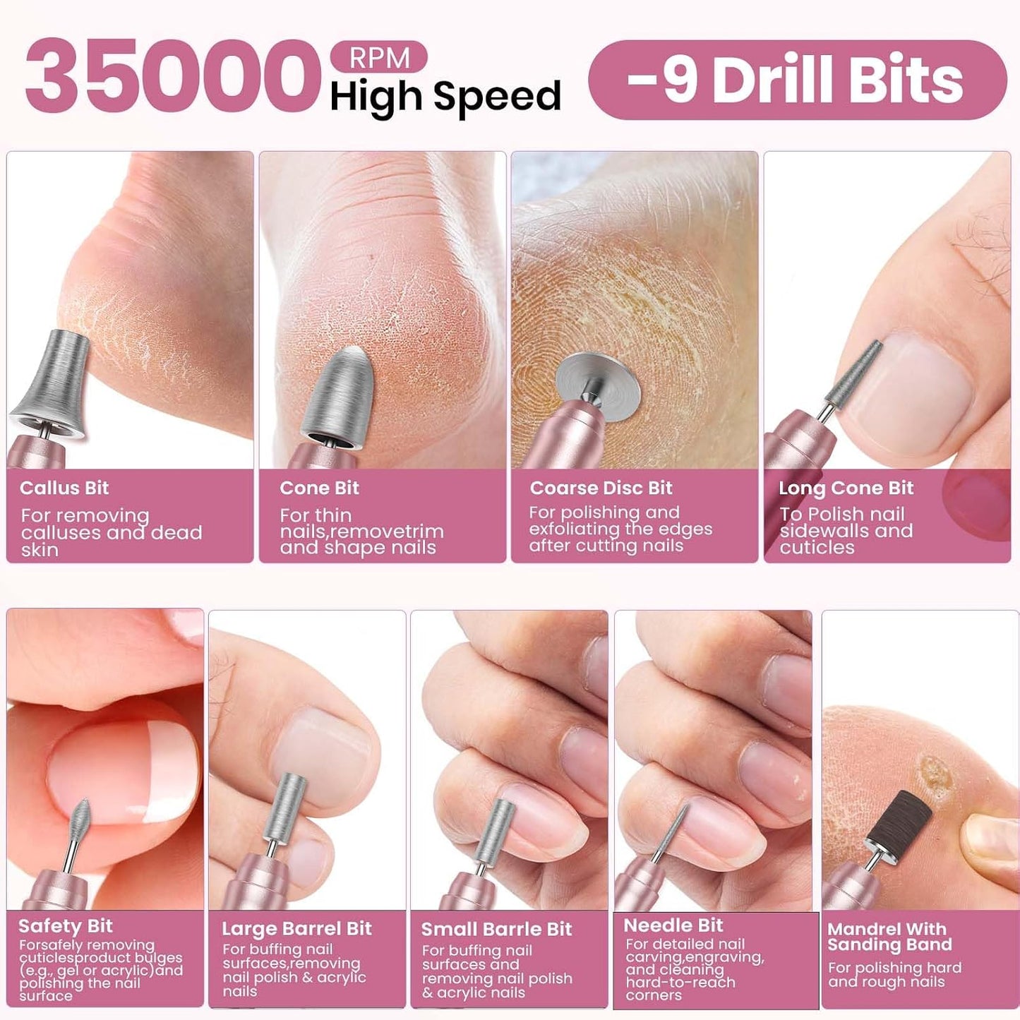 Cordless Nail Drill - 35000RPM Electric Nail File for Acrylic Gel Nails | Portable Professional Manicure & Pedicure Kit with LCD Display