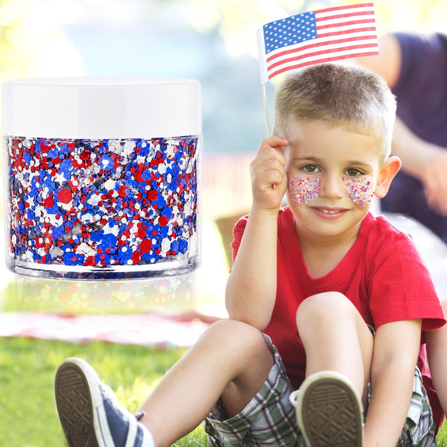 Paminify Red White Blue Face Glitter Gel,4th of July Patriotic Hair Glitter for Kids,Fourth of July Outfits for Women,Independence Day Cheer Body Glitter for Softball Football Game Day