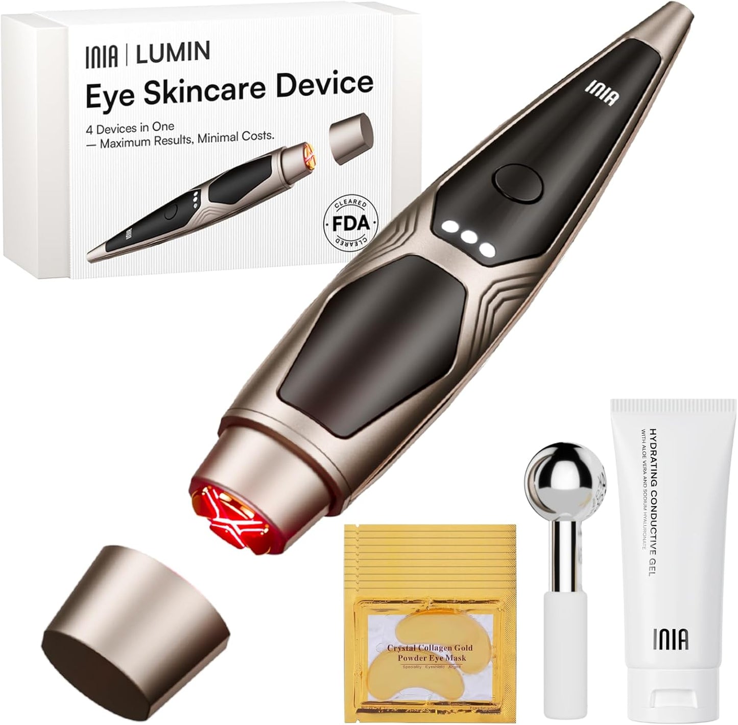 INIA 4-in-1 Eye Massager Tool - Red Light Therapy for Dark Circles, Puffiness & Skin Firming | Heat & Vibration Features