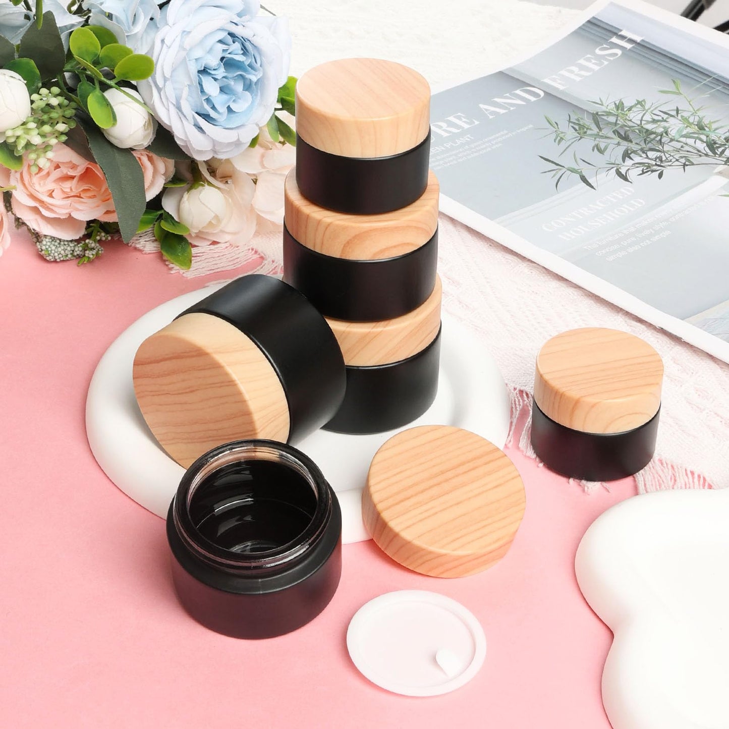 Miayon 6Pcs Glass Lotion Cream Container with Lid Refillable Empty Sample Cosmetic Jar for Makeup Scrub Cream Toiletries Home Travel (Black,15ml,30ml,50ml)