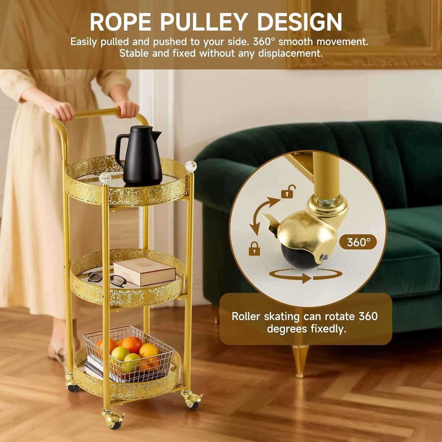 Multi-Functional Mobile Trolley Bar Cart - Rolling Design with Lockable Casters & 3 Mirror Holders | Gold Finish