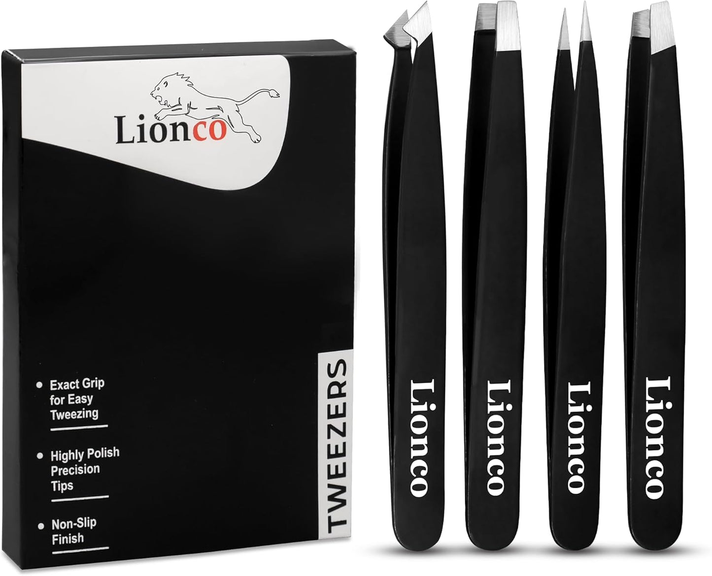 Professional 4PCS Tweezer Set - Stainless Steel Eyebrow & Facial Hair Removal Kit | Precision Grooming Tools for Men & Women (Black)