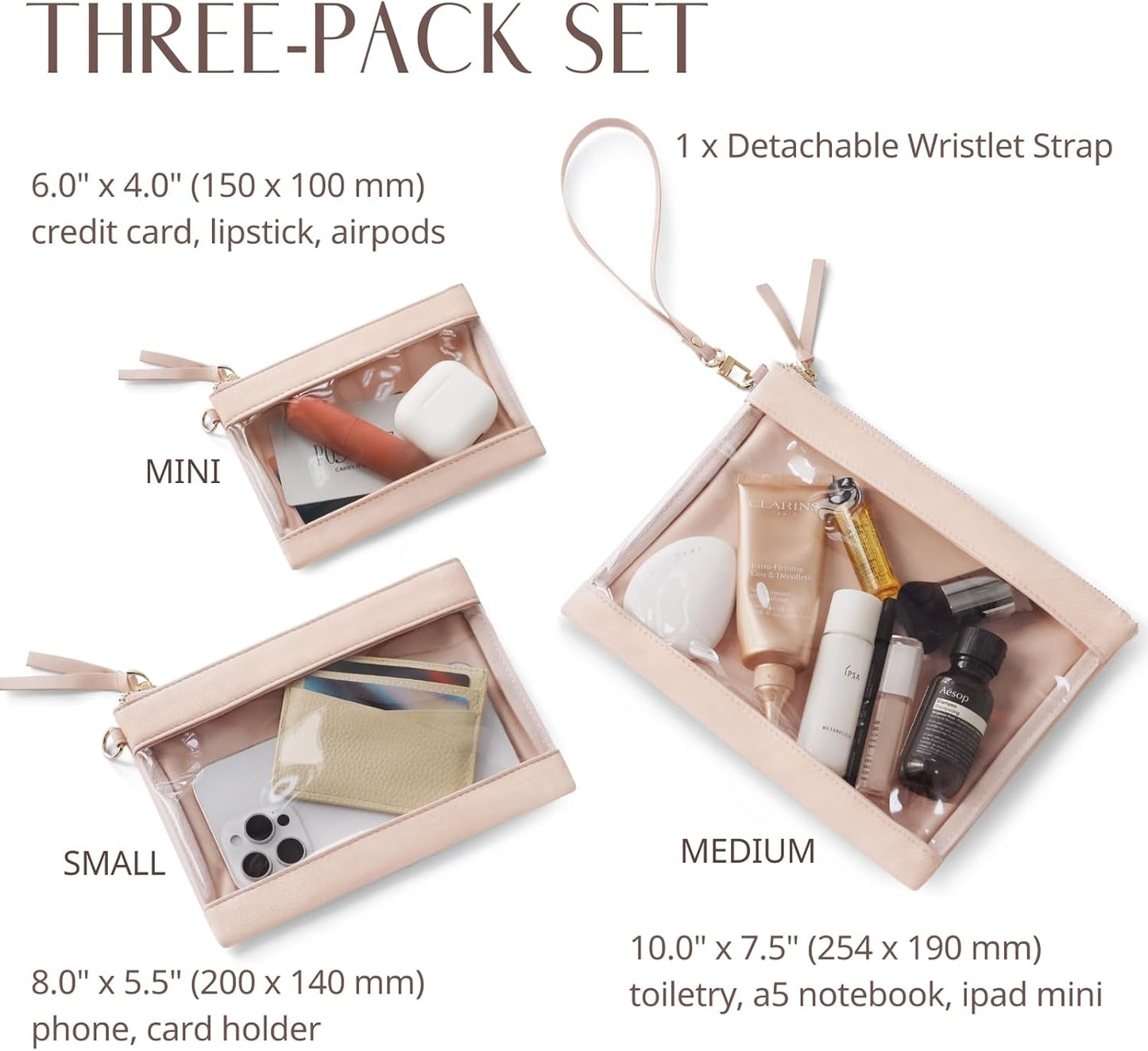 Clear Makeup Bag Organizer - Travel Pouches for Women | Zipper Toiletry Set - 3 Pack in Nude Pink