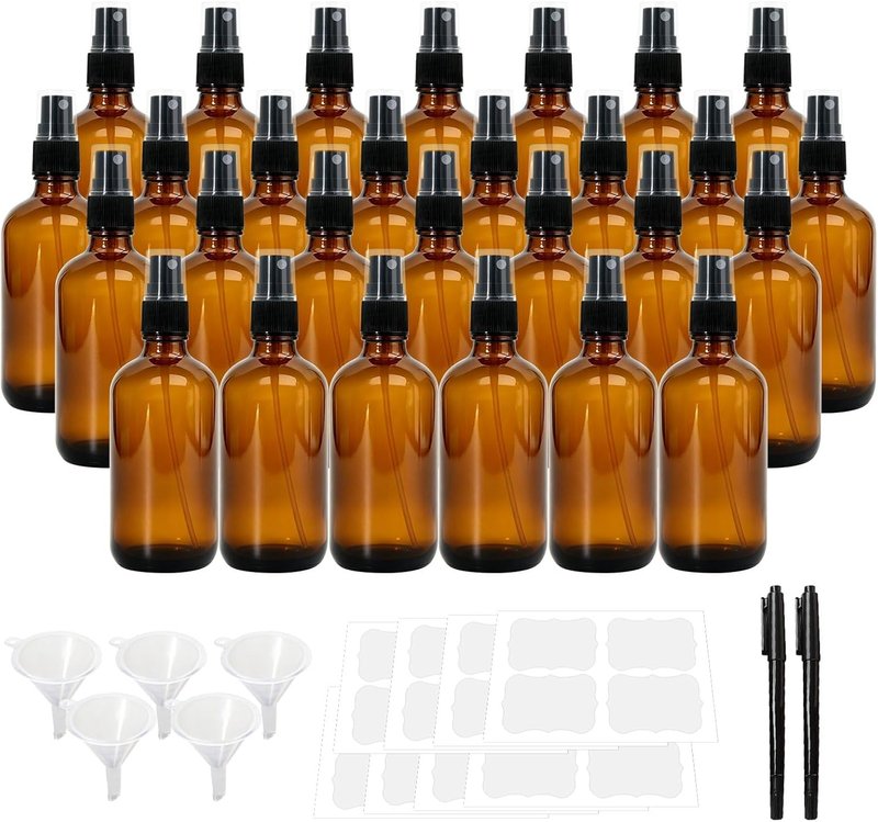Amber Glass Spray Bottles - 28 Pack 4oz Refillable Fine Mist Bottles for Essential Oils, Hair, Cleaning | Includes Funnels & Labels