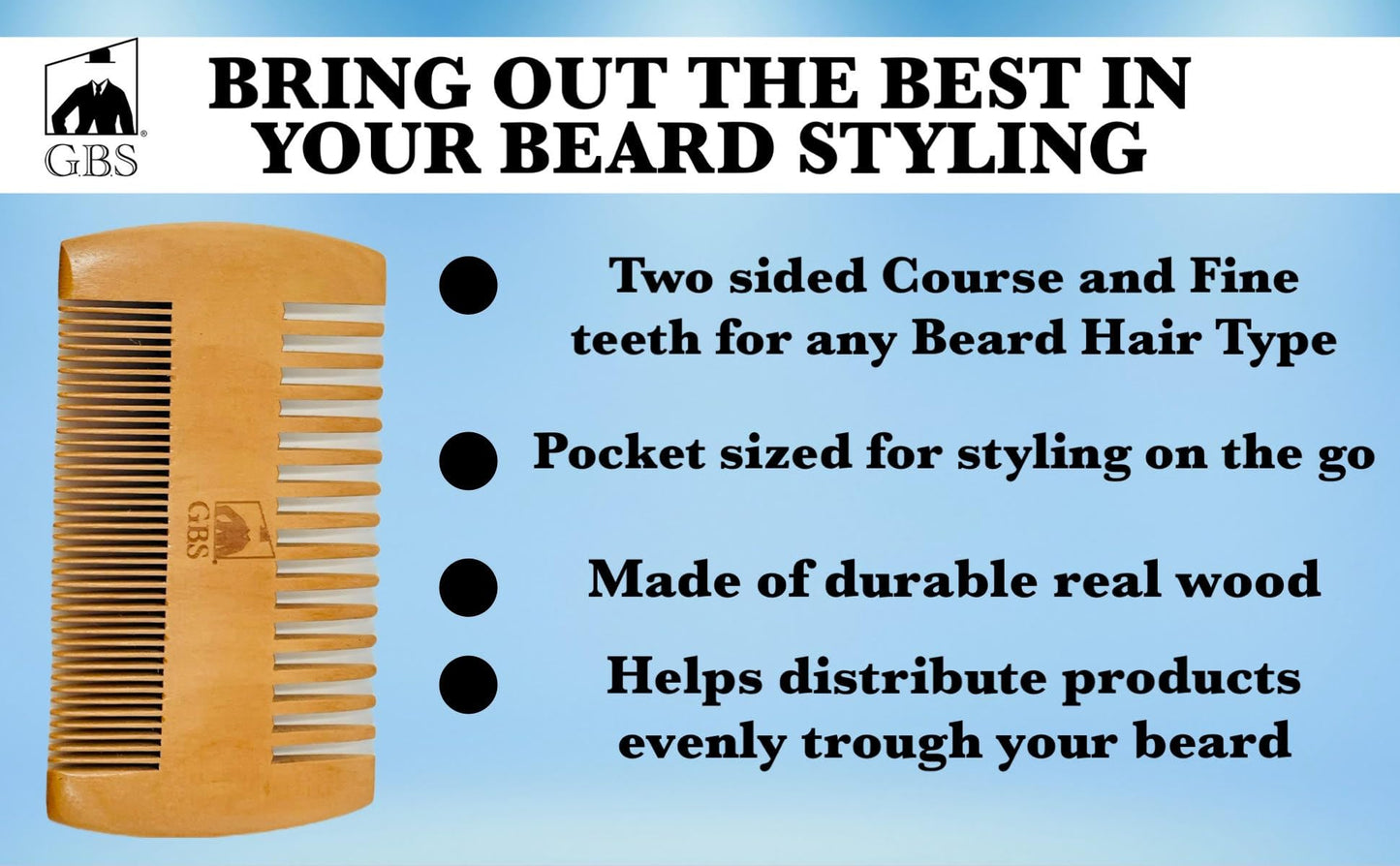 GENTS 2-Sided Wooden Beard & Mustache Comb with Fine & Coarse Teeth for Use with Balms, Wax and Oils - Pocket Sized