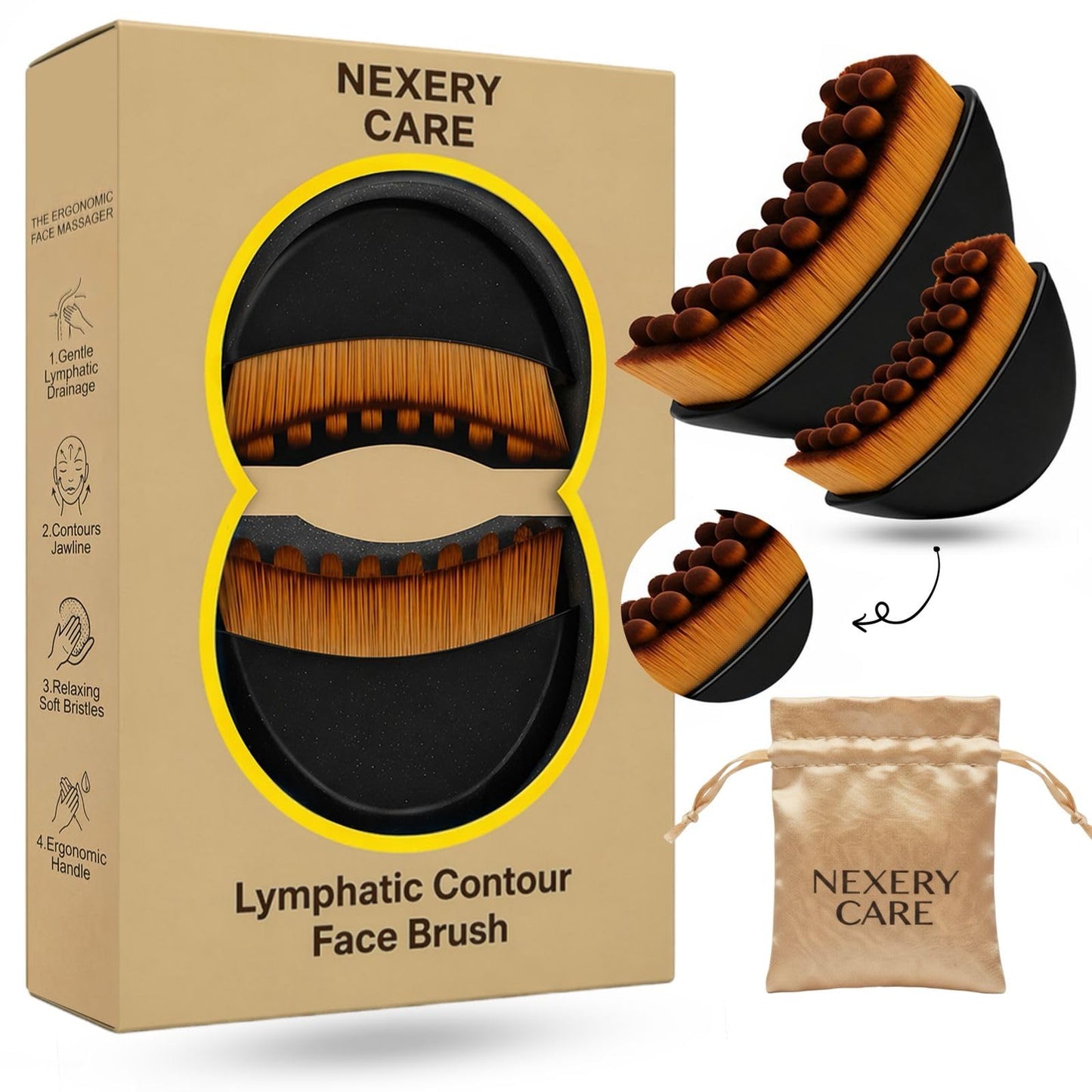2 Pack Lymphatic Contour Face Brush for Lymphatic Drainage | Premium Face Sculpting Brush with Durable Soft Bristles | Anti-Puffiness, Ergonomic Design for Face Neck Chin (Black)