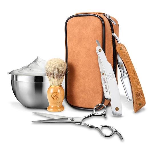Naked Armor Lucan Barber Shavette Straight Razor Kit for Men with 2 Shavettes, Shaving Brush, Bowl, Barber Scissors, 5 Double Edge Blades, Leather Case and Gift Box, Barbershop Wet Shaving Set