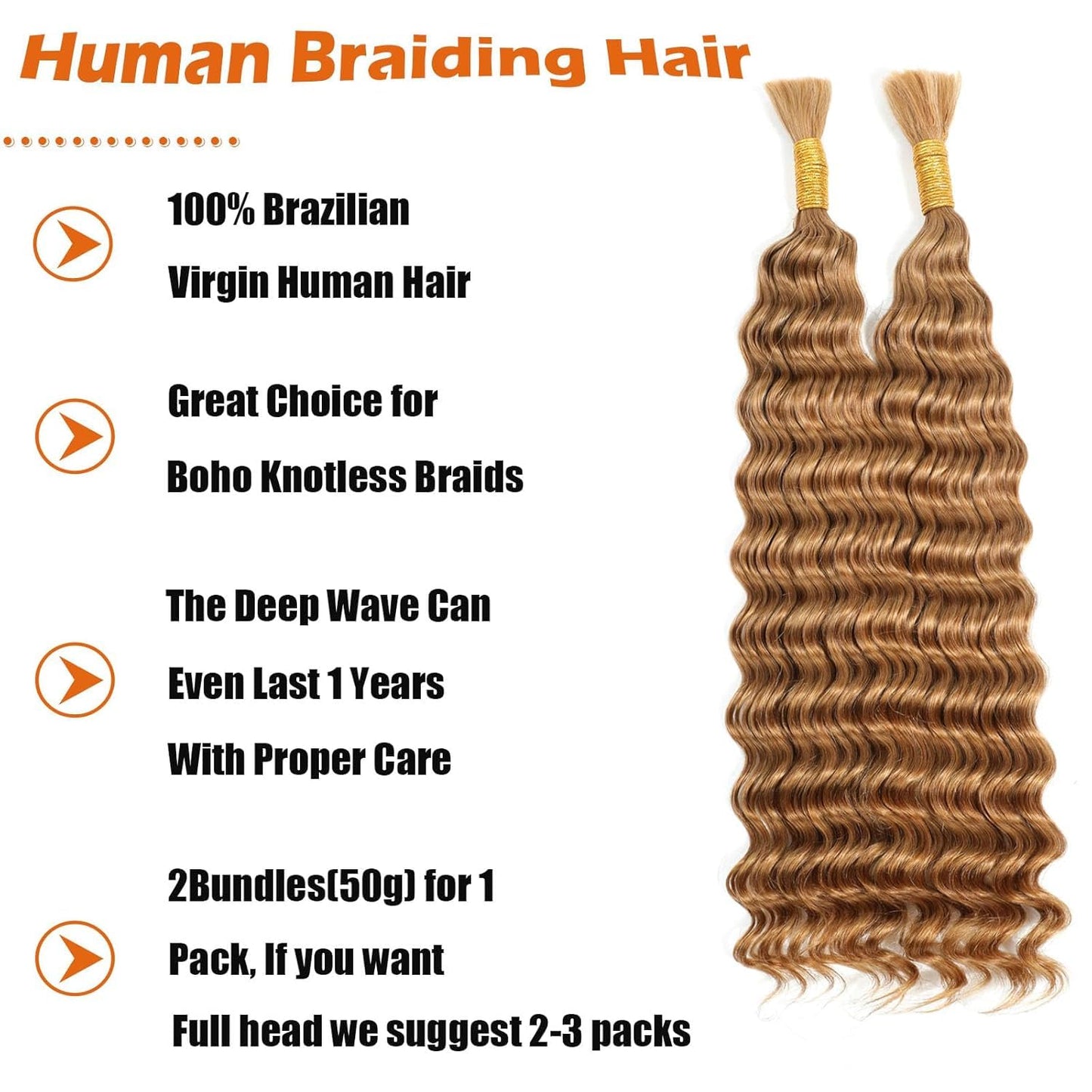 32 32 32 Inch Honey Blonde Human Braiding Hair for Boho Braids Blonde Boho Hair For Braiding Deep Wave Knotless Bulk Bohemian Color #27 Braids 150g