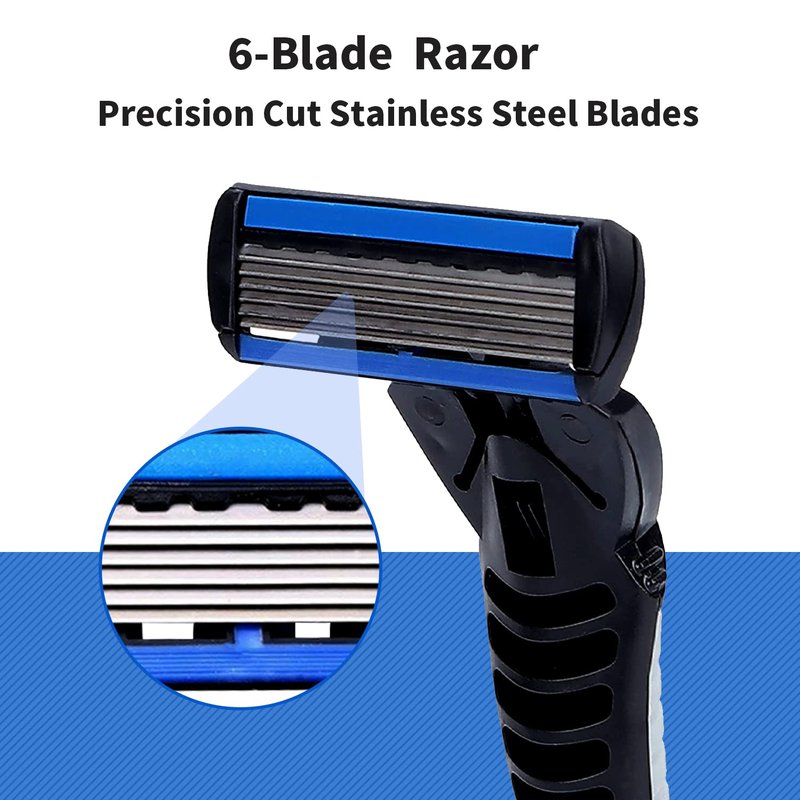 6-Blade Razor,Plastic Anti-slip Men Manual Refill Cartridges razors, Reusable Face Cleansing Care Tool, 24 pcs refill cartridges, Shave Supplies for Men and Women - Black
