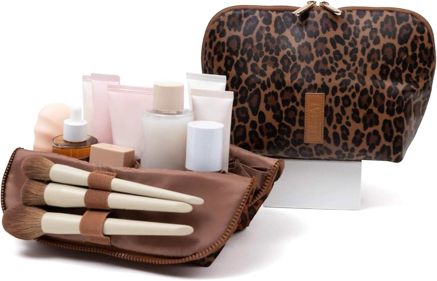 Vertical Waterproof Makeup & Toiletry Bag - 23-Pocket Organizer for Skincare & Essentials | Large Leopard Design