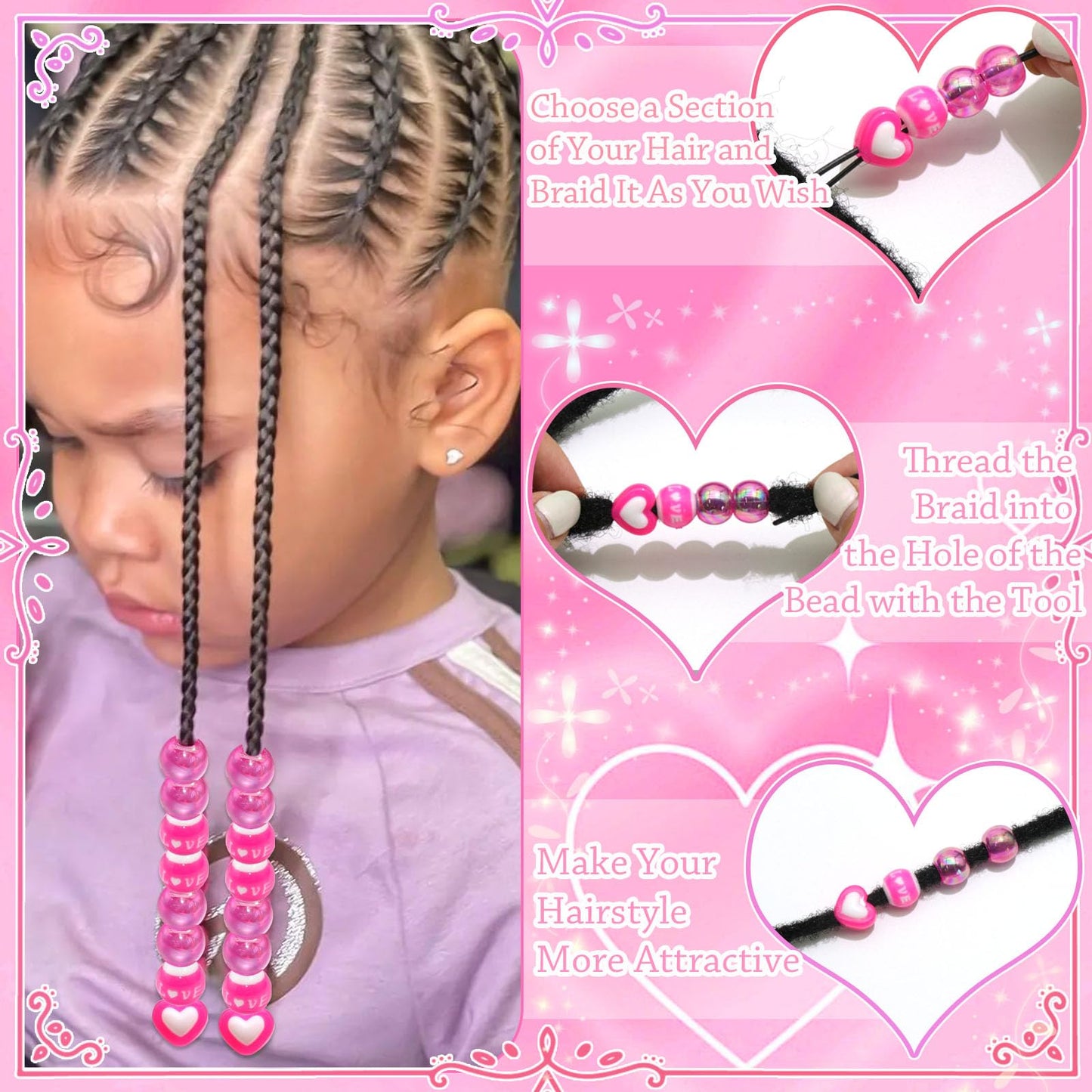 NAISKA 60PCS Hot Pink Heart Beads for Hair Round Beads for Braids Love Loc Dreadlock Jewelry Cute Kids Girls Valentine's Day Hair Braids Accessories