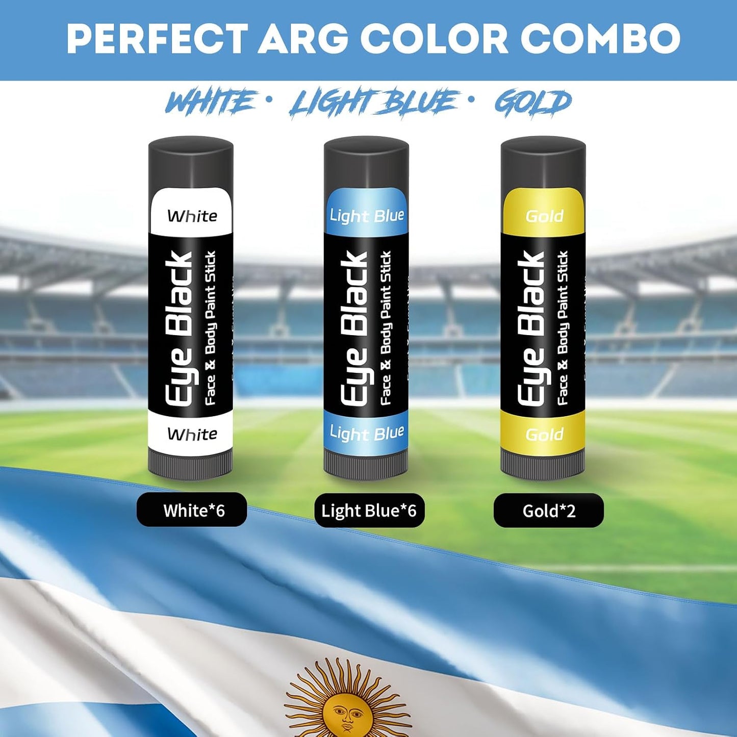Argentina Eye Black Stick - 14 Pack Blue White Gold Face Paint for Football & Baseball | Glare Reducing Sports Accessories