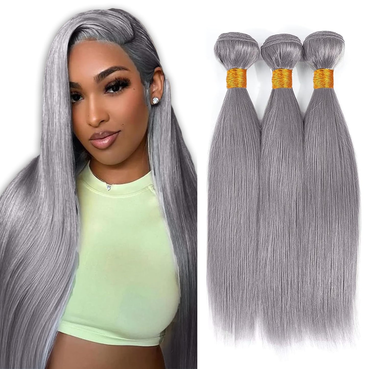 26 28 30 Inch Grey Bundles Human Hair Straight 3 Bundles Brazilian Remy Hair 50 Grams/Bundle 10A Grade Unprocessed Virgin Hairs Silver Grey Straight Bundle Weaves Extensions