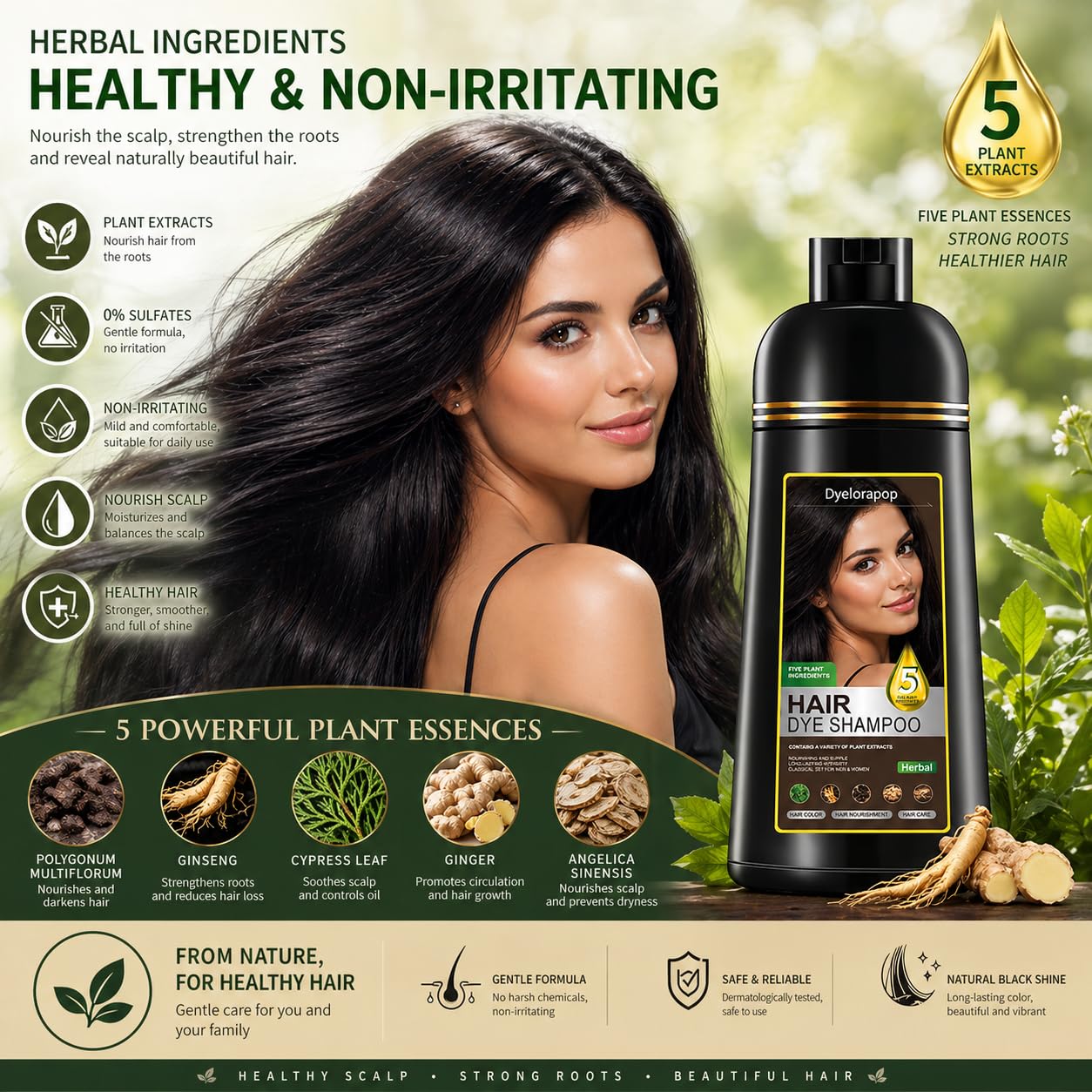 Hair Dye Shampoo - 5 in 1 Herbal Formula for Gray Coverage | Semi-Permanent Argan Color, 500ml (Black)