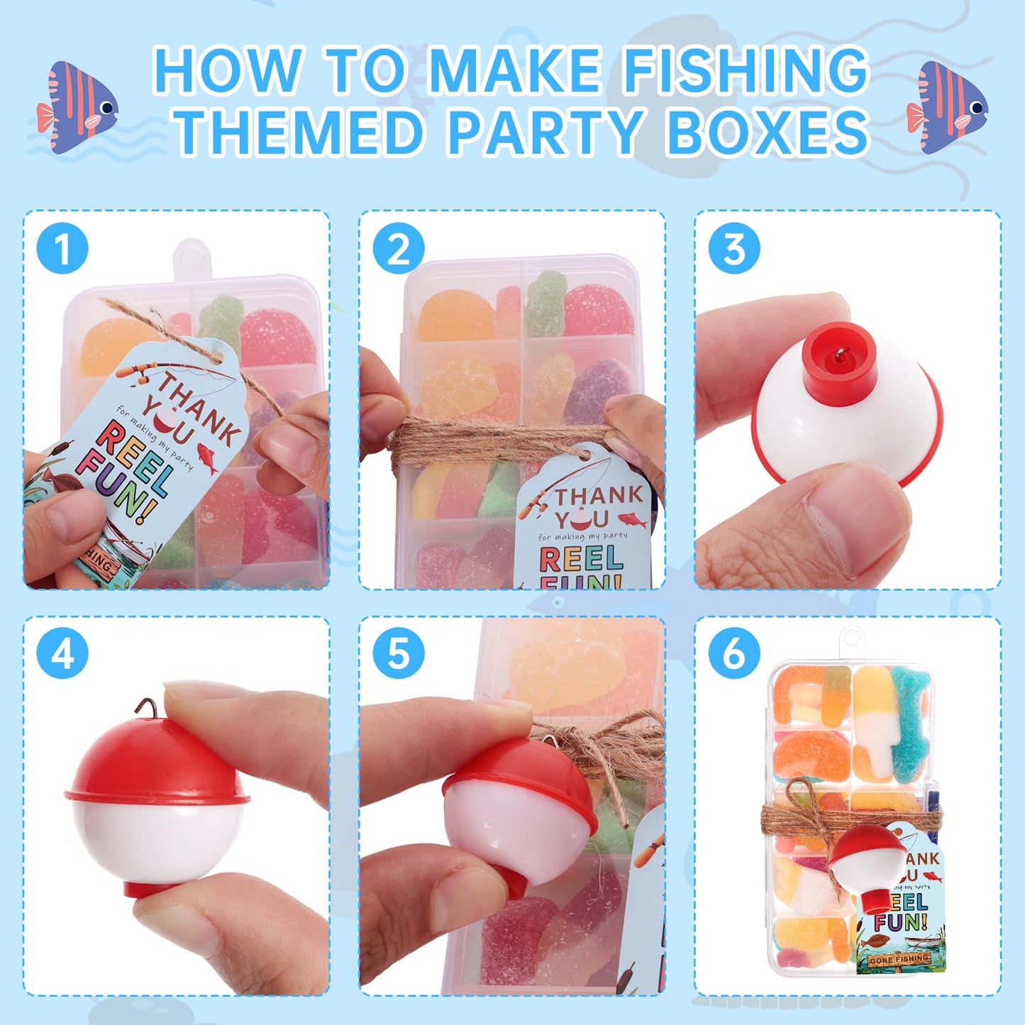 PLUVAVA 15 Pieces Fishing Party Favors Little Candy Tackle Boxes with Red White Floater Thank You Cards for Making Fishing Themed Birthday Party Decorations (15 PCS)