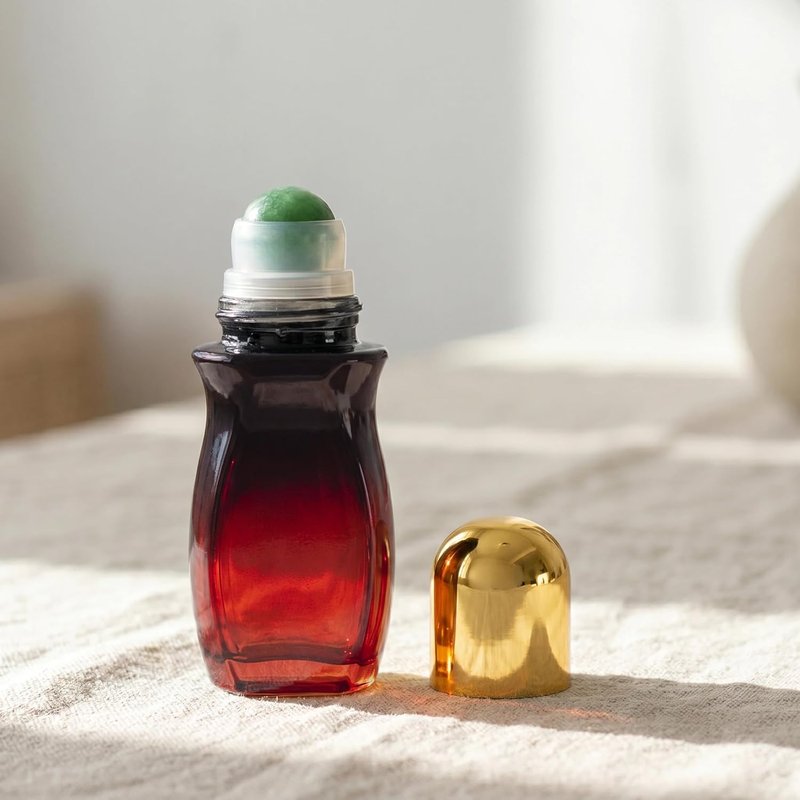 Rose Quartz Roller Bottle - 50ml Refillable Amber Glass Container | Leak-Proof Design with Green Pearl Rollerball