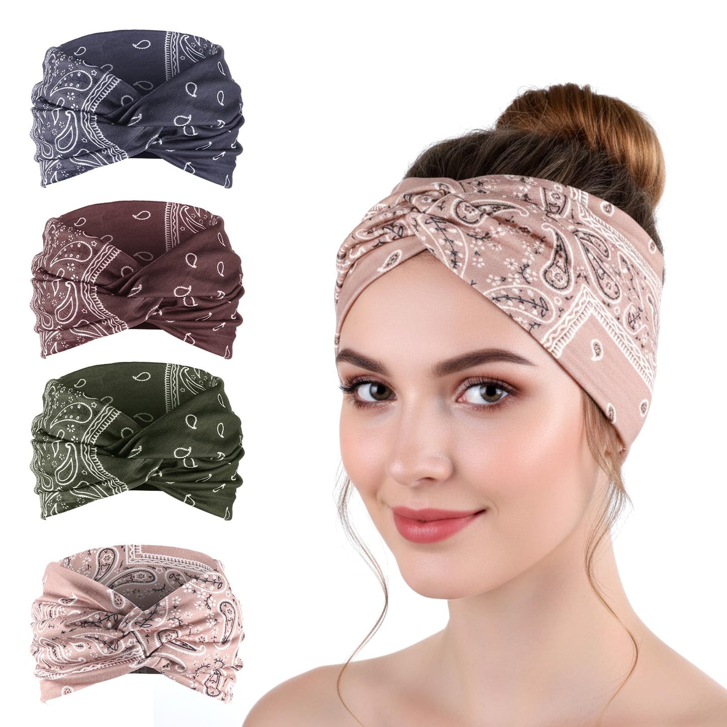 Gemoioio 4 Pack Extra Wide Headbands for Women, Large Turban Non Slip Hair Bands, Boho Elastic Twisted Knot Headwrap, for Yoga, Skincare, Sports, Workout – Girls Hair Accessories