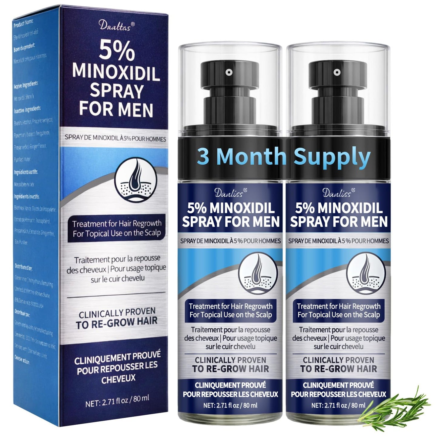 Minoxidil for Men & Hair Minoxidi with 5% Minoxidil Biotin and Rosemary & for Hair Beard Regrowth Treatments Extra Strength Hair Loss Solution, Total 160 ml / 5.42 fl oz for 3 Months (Pack of 2)