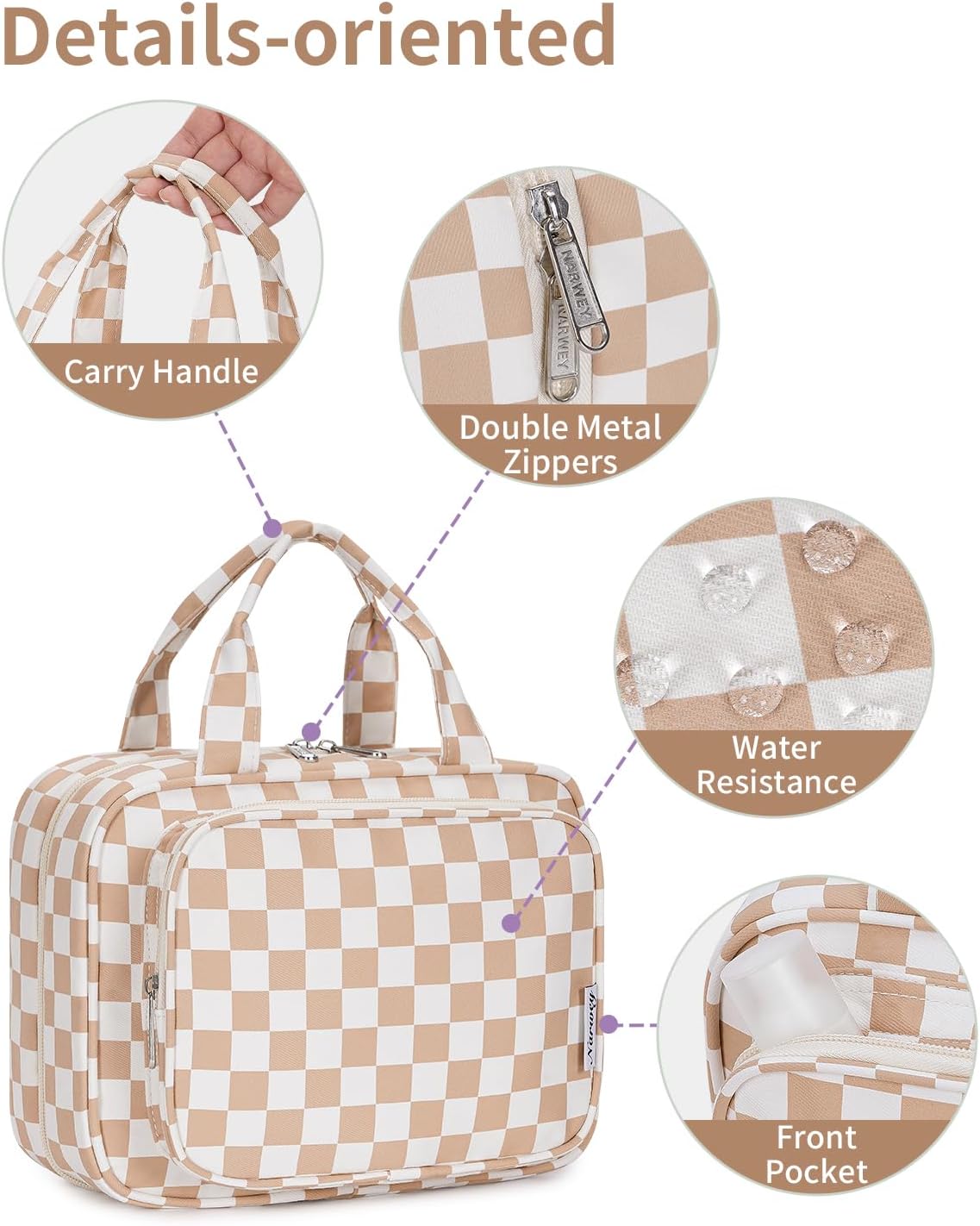 Hanging Toiletry Bag for Women - Travel Makeup Organizer with Light Checkerboard Design | Medium Size