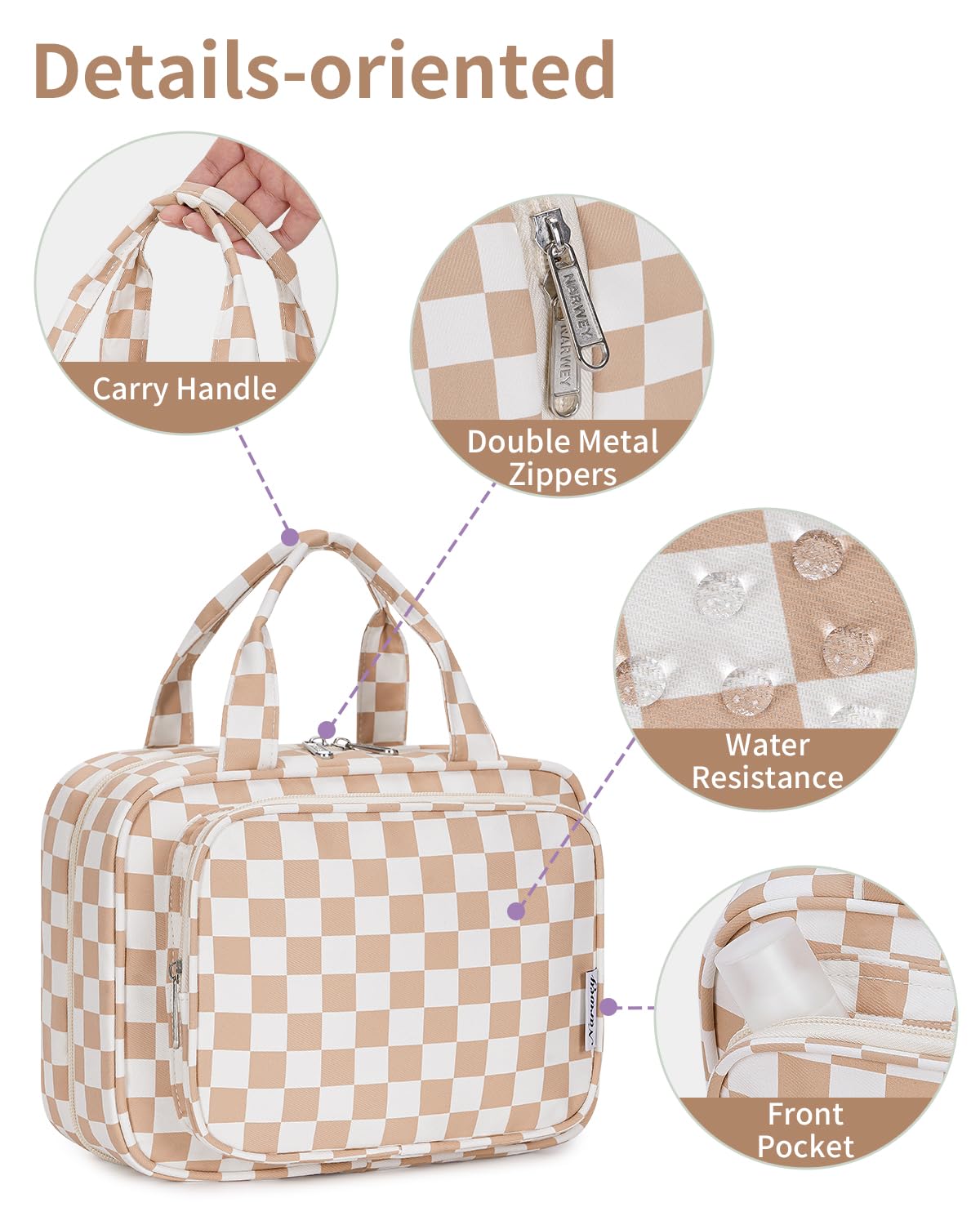 Narwey Hanging Toiletry Bag for Women Travel Makeup Bag Organizer Toiletries Bag for Travel Size Essentials Accessories Cosmetics (Light Checkerboard (Medium))