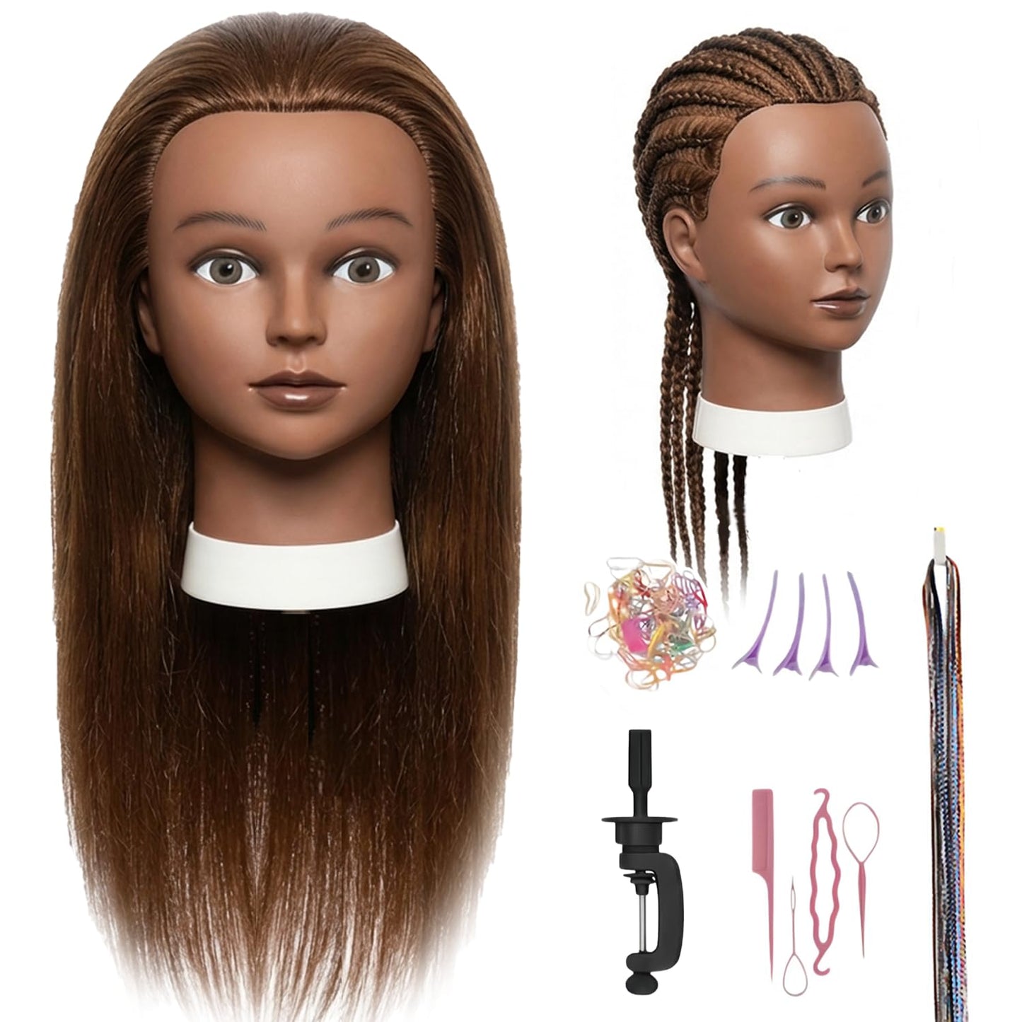 Mannequin Head Human Hair 16 Inch, 100% Real Human Hair Cosmetology Mannequin Head with Clamp Stand, Professional Hair Manikin Doll Head for Braiding, Styling & Hairdresser Training (Brown-16inch)