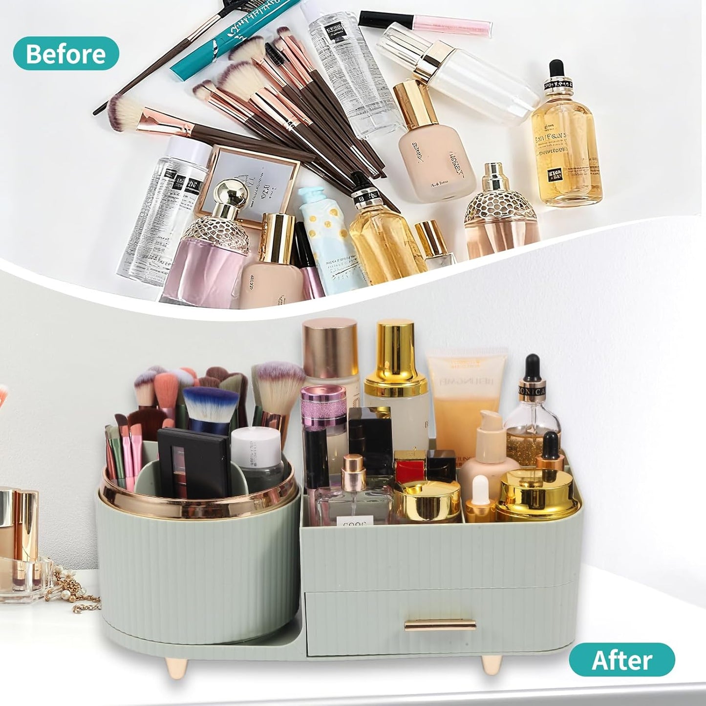 Makeup Organizer - 360° Rotating Brush Holder with Drawer | Large Capacity Skincare & Cosmetic Display - Green