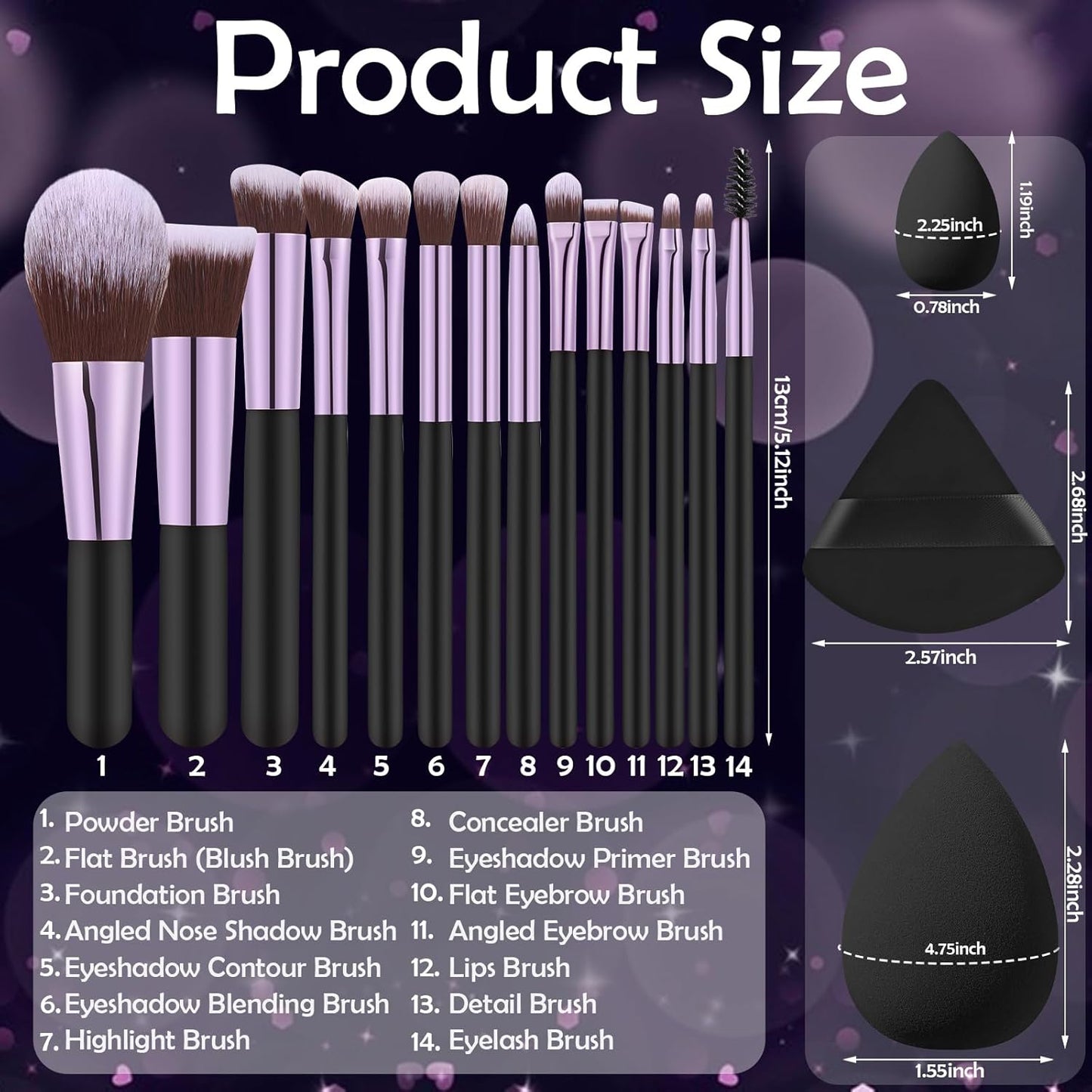 Travel Makeup Brush Set - 14 Pcs Portable Mini Brushes with Case | Includes 5 Pcs Makeup Sponges for Foundation & Eye Shadows - Black