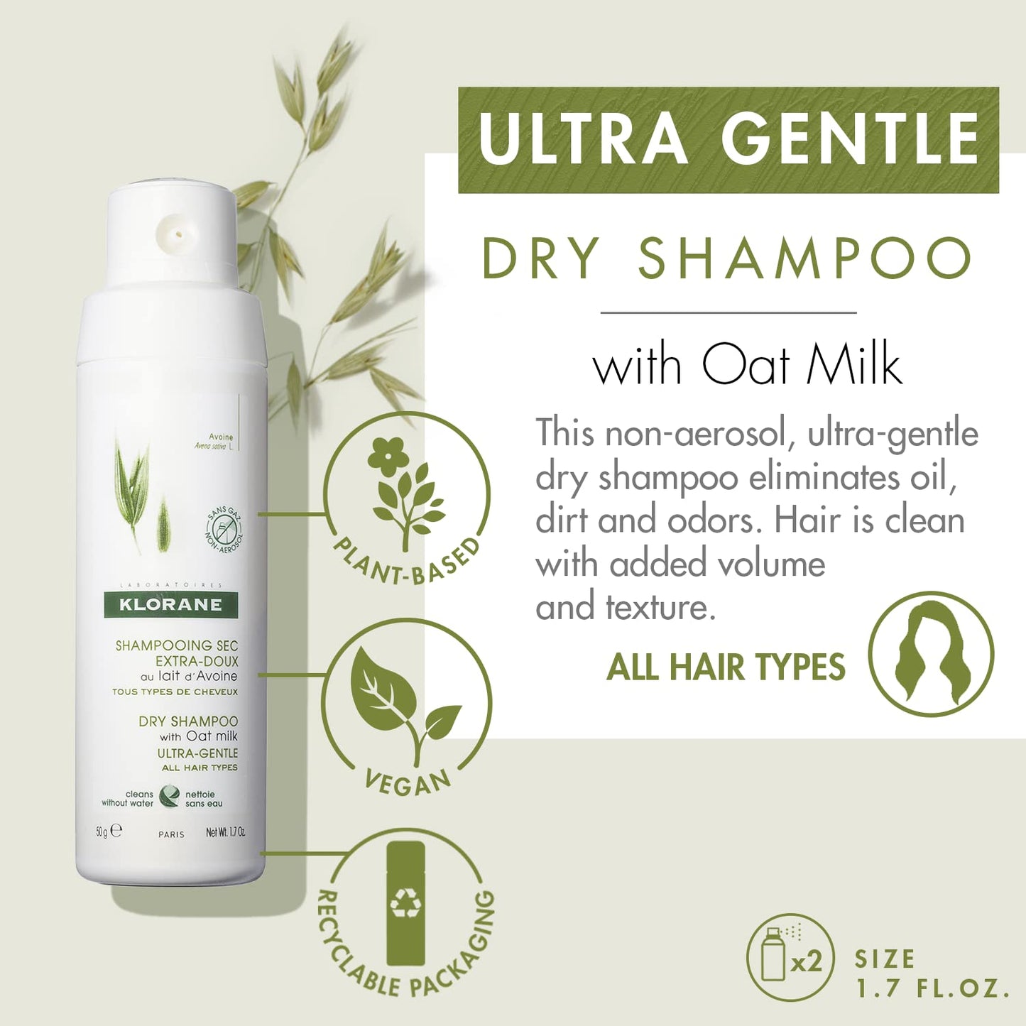 Klorane Ultra Gentle Dry Shampoo with Oat - Revive Hair & Eliminate Odor | Hypoallergenic, Vegan, Paraben-Free