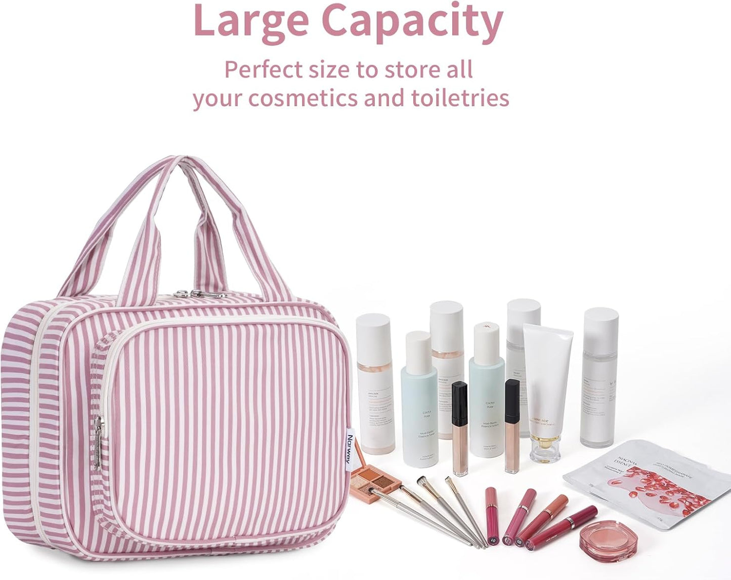 Striped Hanging Toiletry Bag for Women - Travel Makeup Organizer | Medium Dusty Pink Stripe
